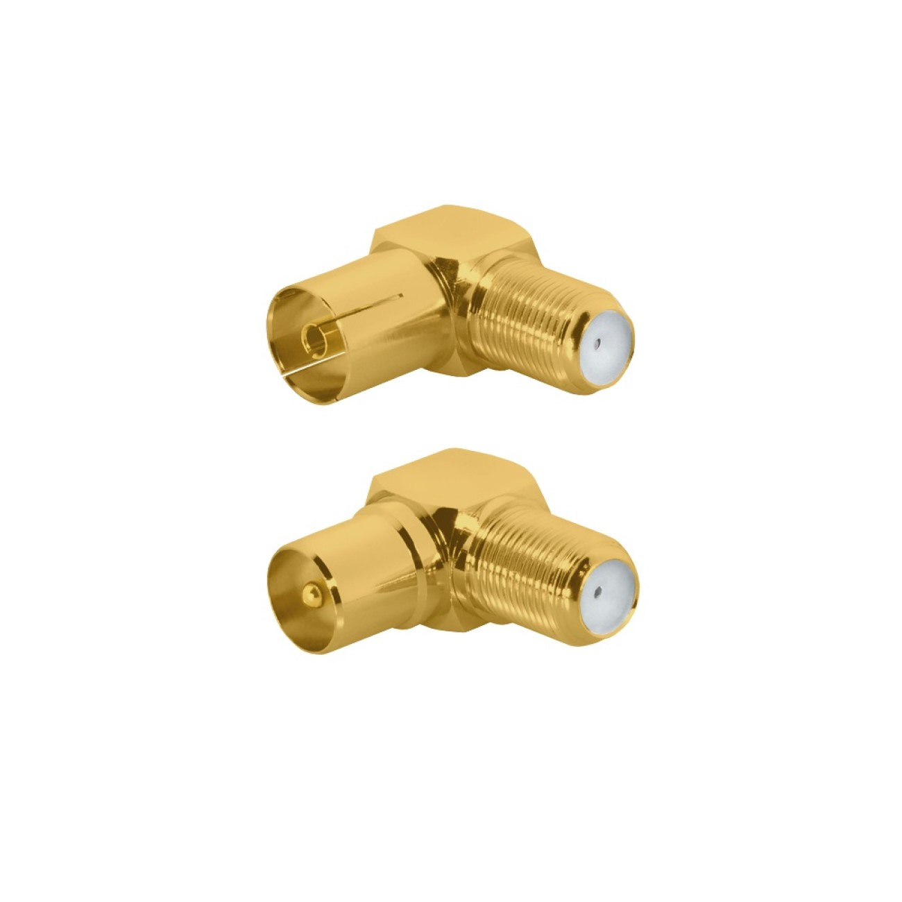 Zwei goldfarbene F-Stecker, abgewinkelt, mit Schraubanschluss an einem Ende und Stift am anderen.
