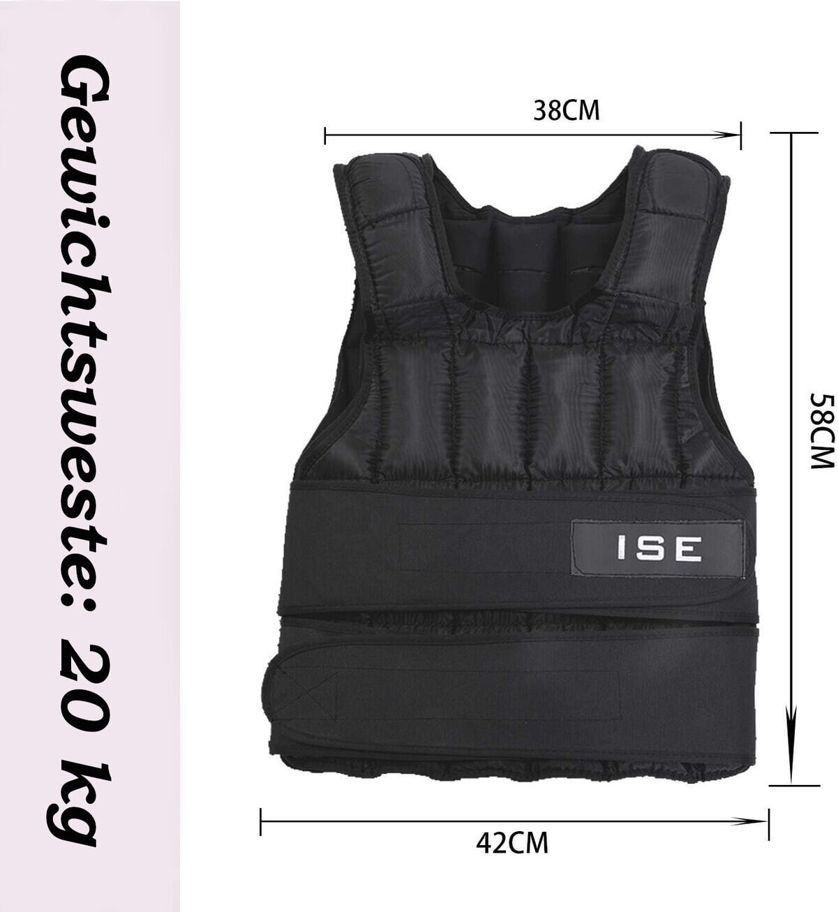 Eine schwarze Gewichtsweste mit Beschriftungen. Die Weste trägt das Wort ISE und wiegt 20 kg.