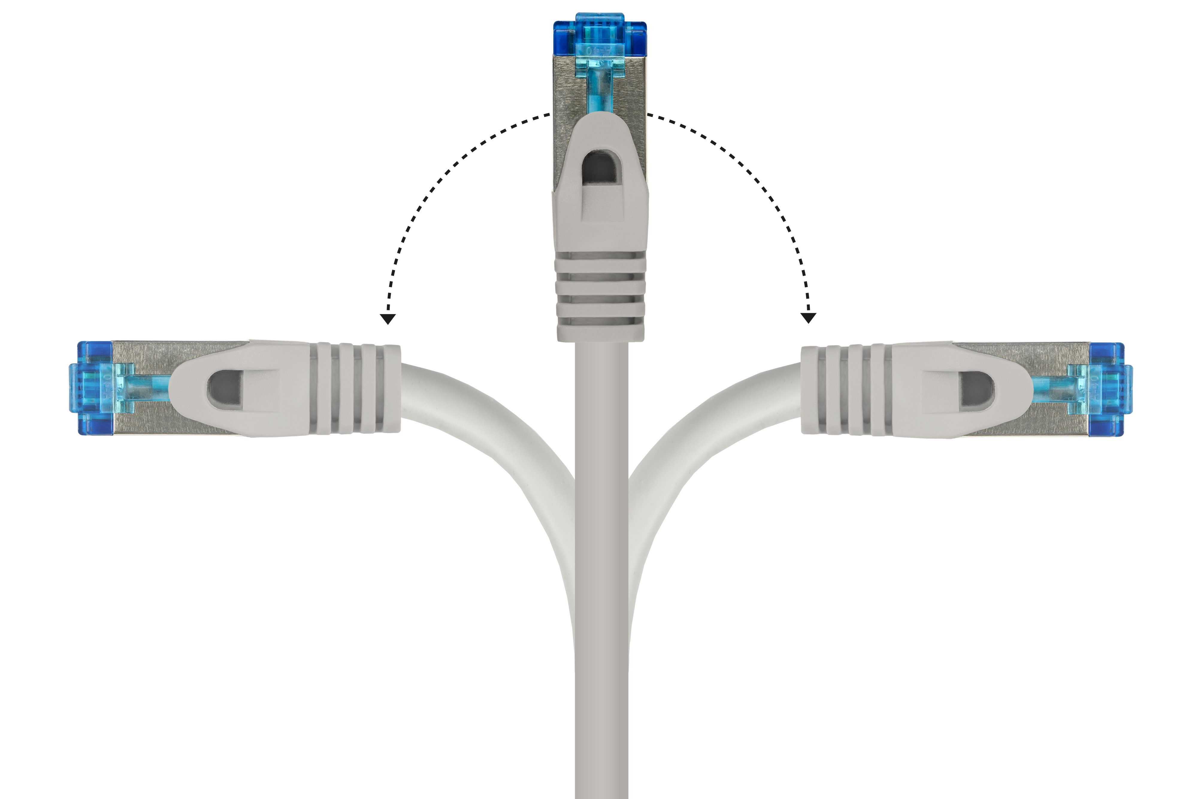 Trzy szare kable Ethernet, z niebieskimi złączami, ułożone w kształcie litery Y, z zakrzywionymi liniami przerywanymi.