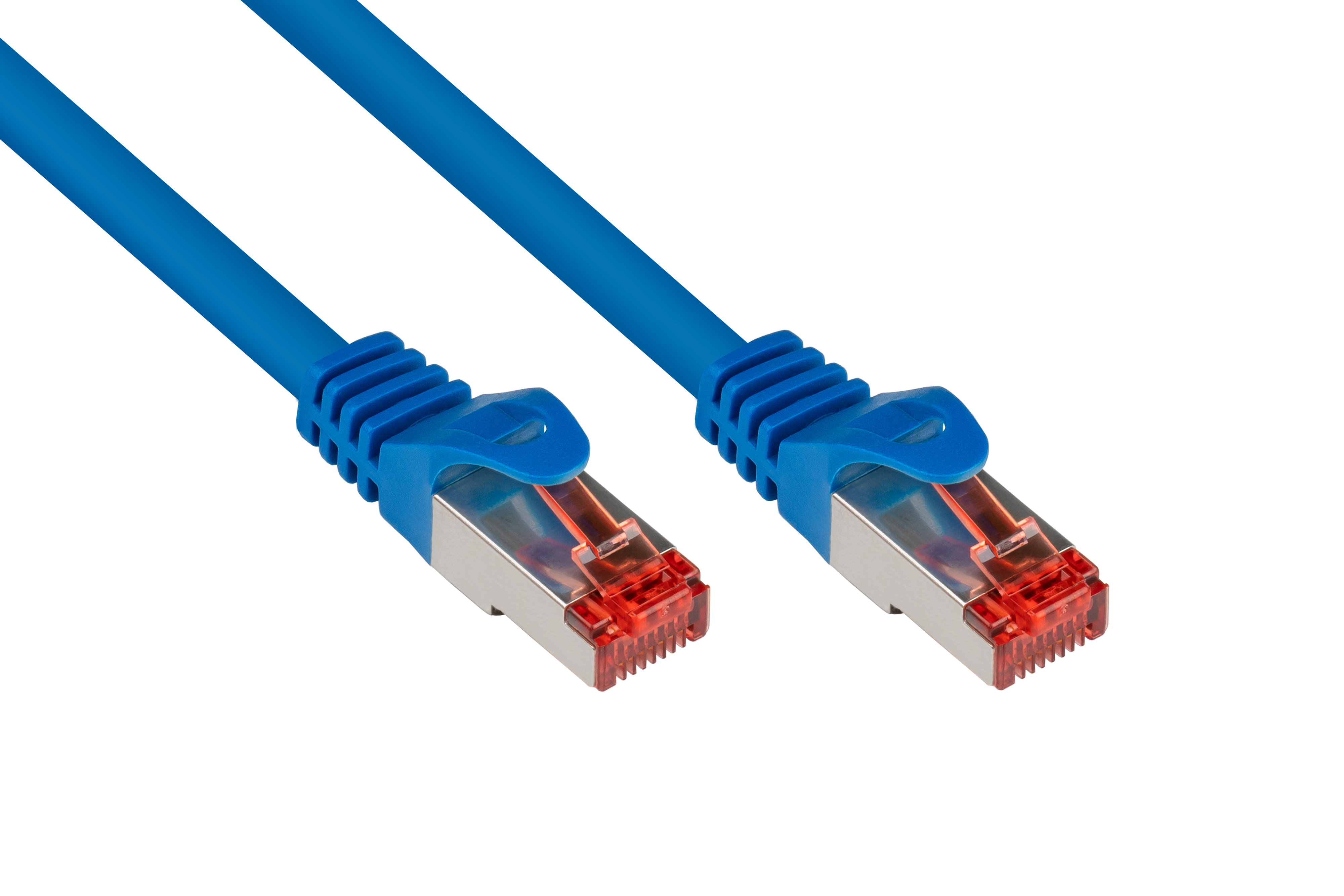 Niebieski kabel Ethernet z srebrnymi złączami, na białym tle.