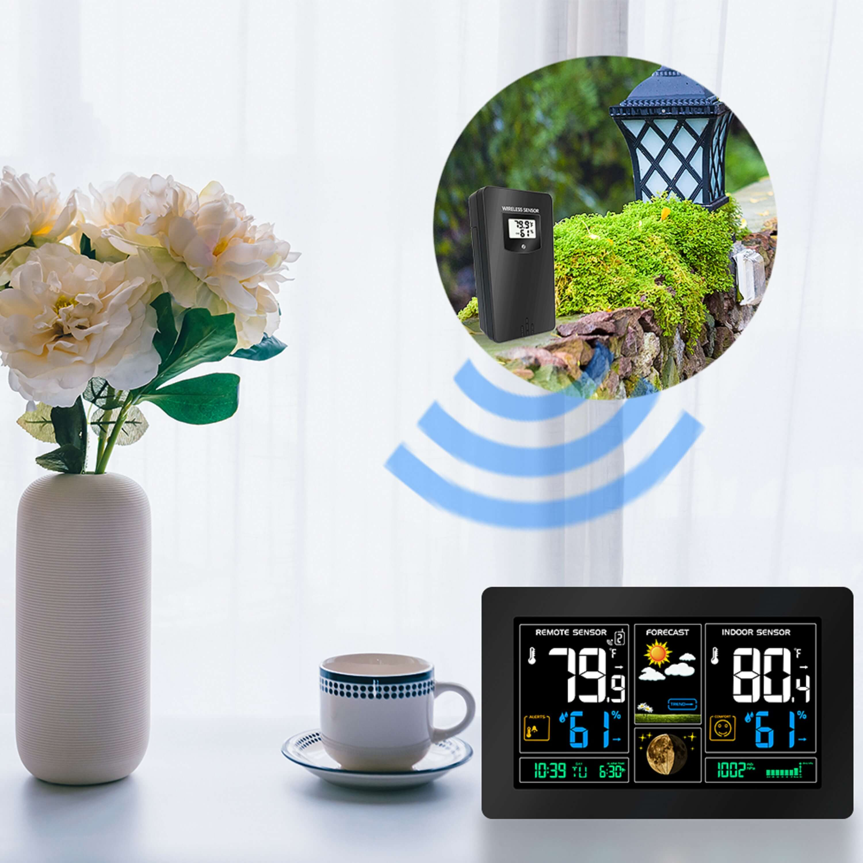 Eine Wetterstation mit Display und einem Außensensor in einem Garten.