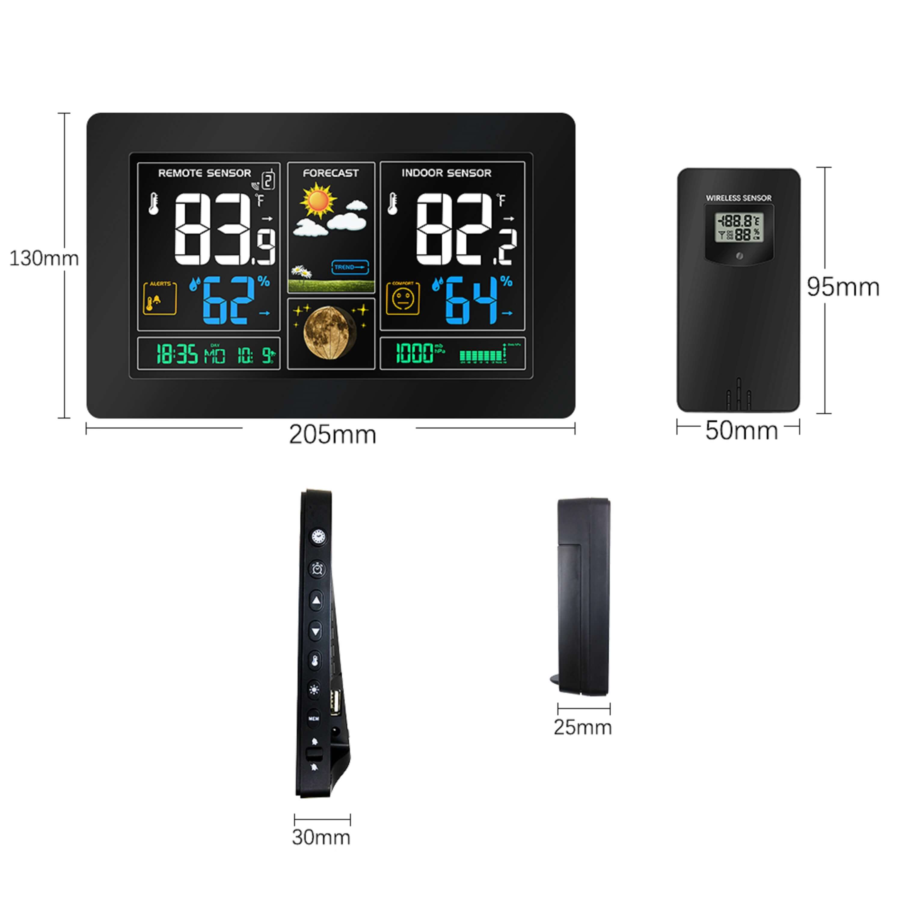 Wetterstation mit Display, das Temperatur und Wetterinformationen anzeigt, und einem Fernsensor.