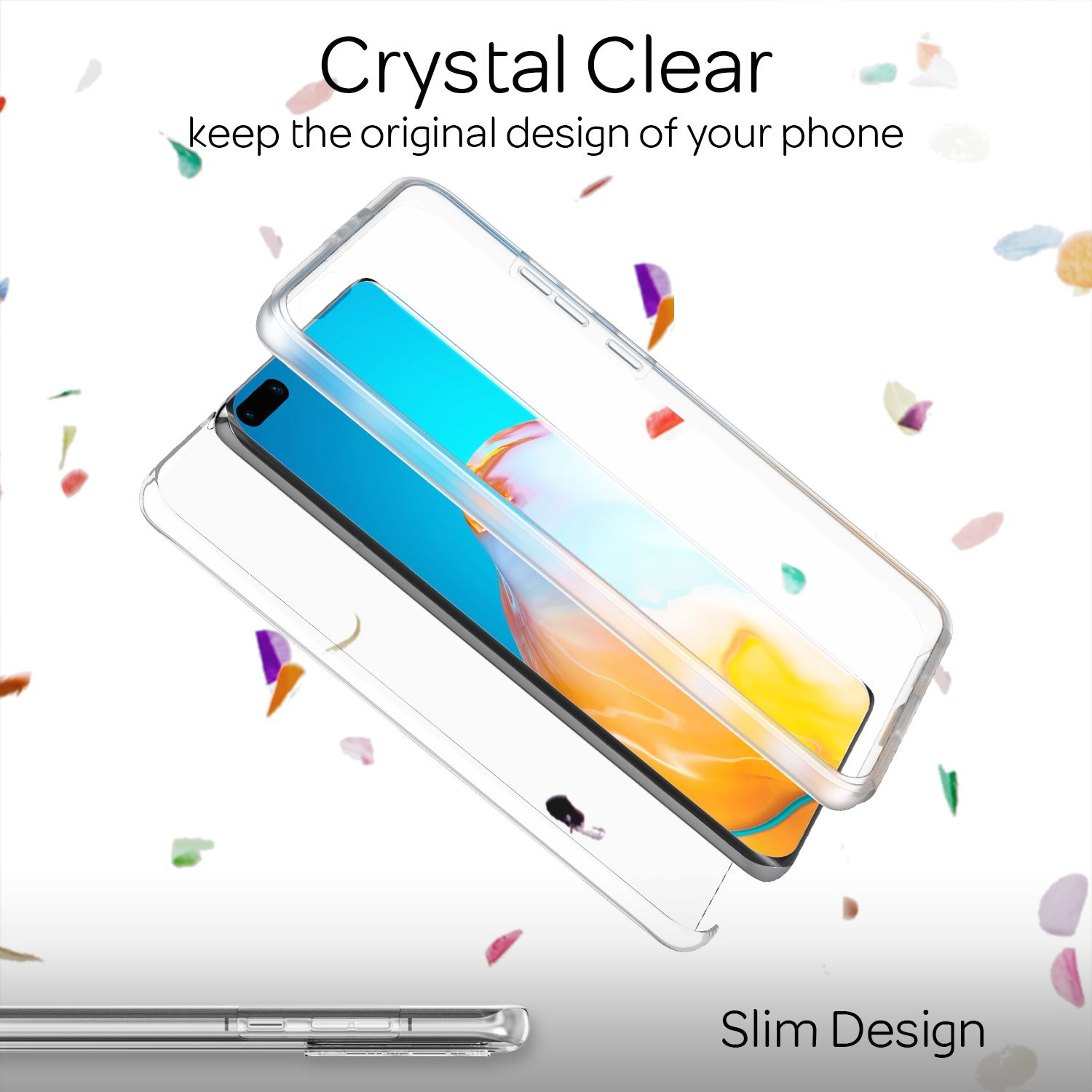 Coque de téléphone transparente avec téléphone à l'intérieur. Le téléphone est affiché au milieu. Fond blanc.