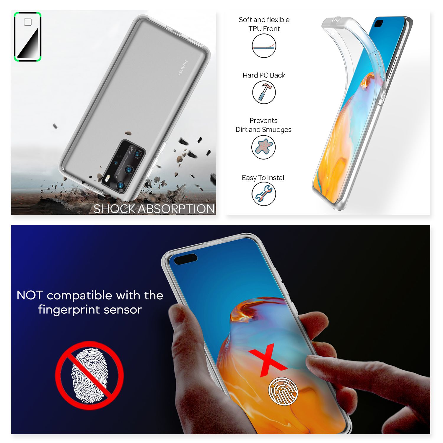Téléphone avec étui. Texte : Non compatible avec capteur d'empreintes digitales.