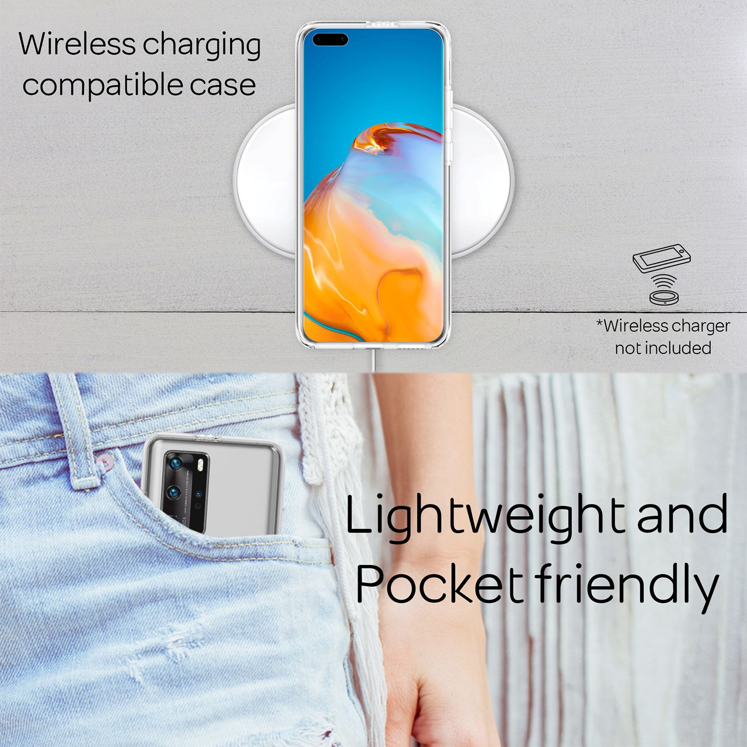 Un téléphone, dans un étui transparent, est présenté sur un chargeur sans fil. L'image met en évidence la compatibilité de charge sans fil.