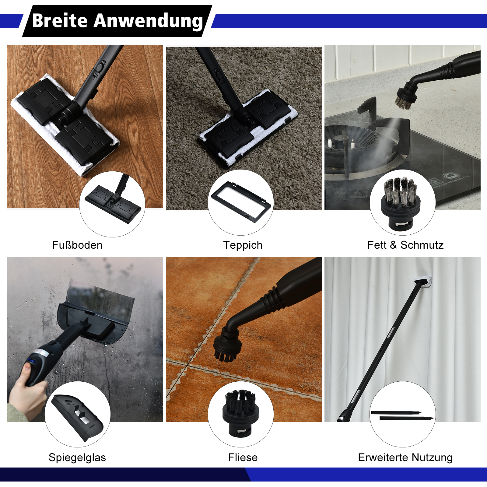 Eine Collage, die verschiedene Anwendungen eines Dampfreinigers zeigt: Boden, Teppich, Fett, Spiegelglas, Fliesen und erweiterte Verwendung.