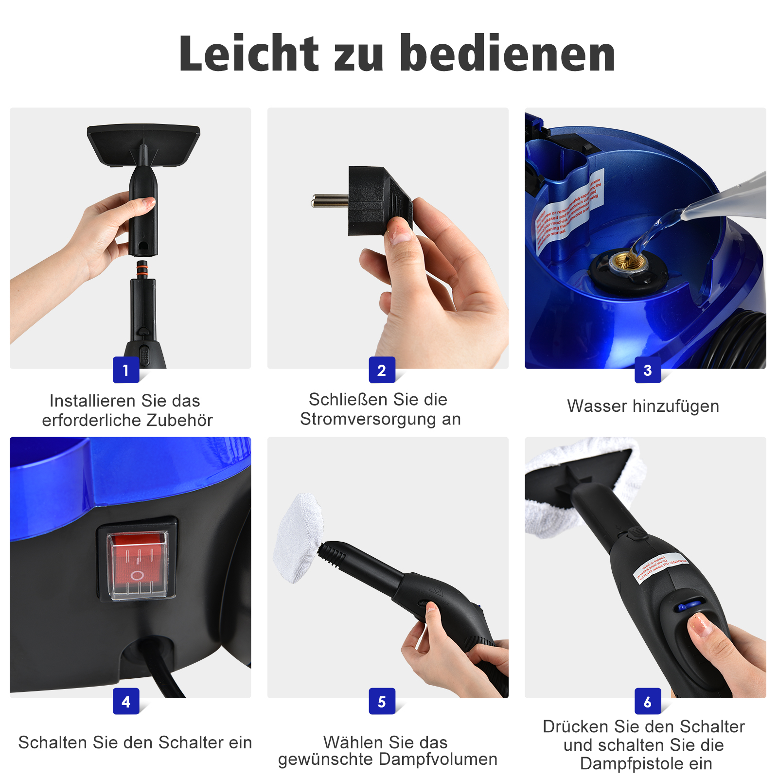 Schritte zur Verwendung eines Dampfreinigers: montieren, einstecken, Wasser hinzufügen, einschalten, Dampf wählen, verwenden.