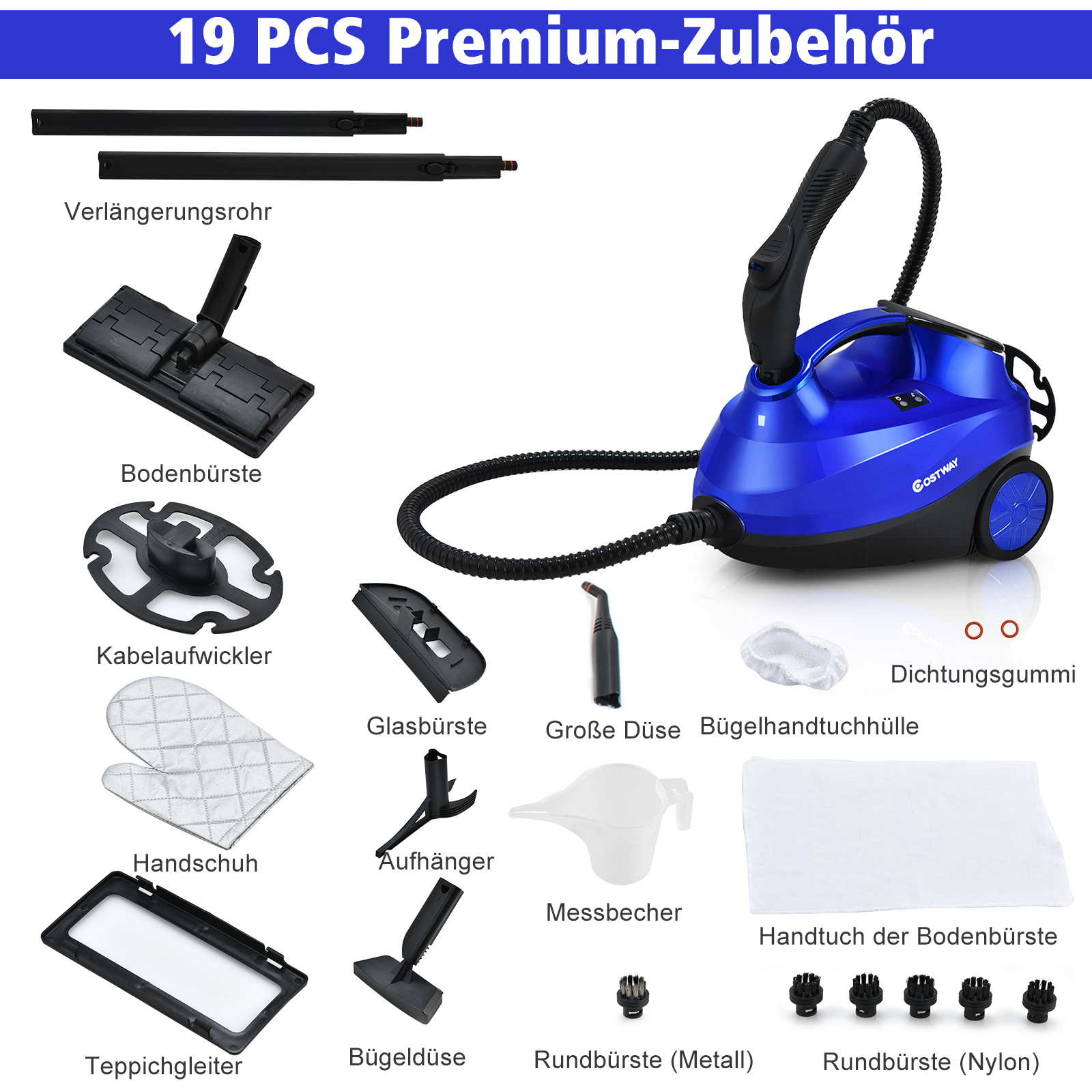 Ein Dampfreiniger mit mehreren Zubehörteilen. Der Reiniger ist blau. Zubehör umfasst Bürsten und Düsen.