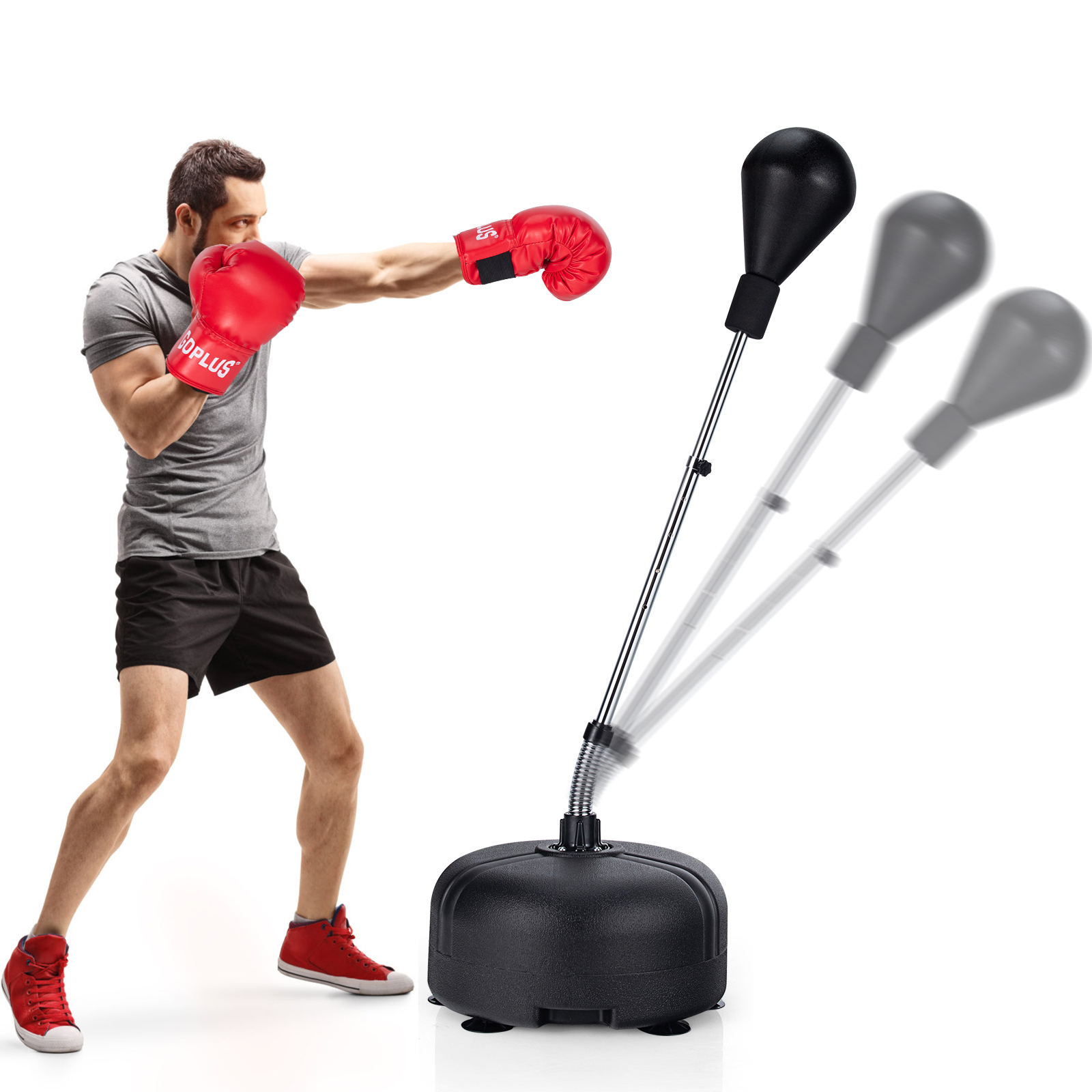 Ein Mann mit Boxhandschuhen, der einen Schlag auf einen schwarz-roten Boxsack ausführt. Der Hintergrund ist weiß.