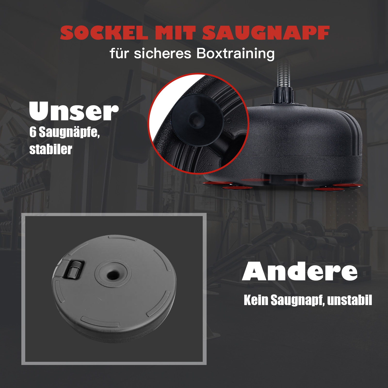 Schwarze Box-Trainingsbasis mit Saugnäpfen und anderen Details.