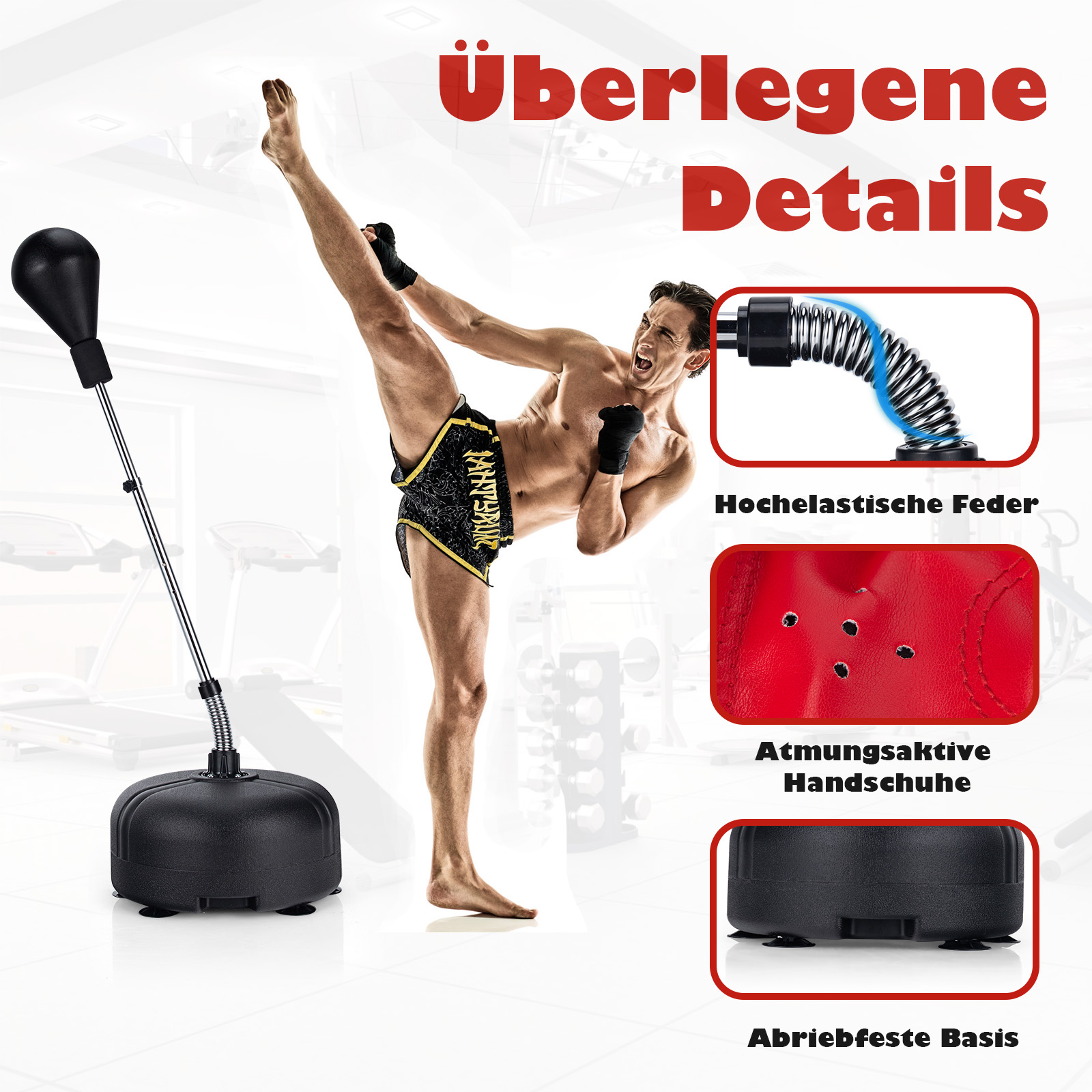 Boxer tritt gegen einen Boxball mit Federbasis, Details zu Feder, Handschuhen und Basis werden gezeigt.
