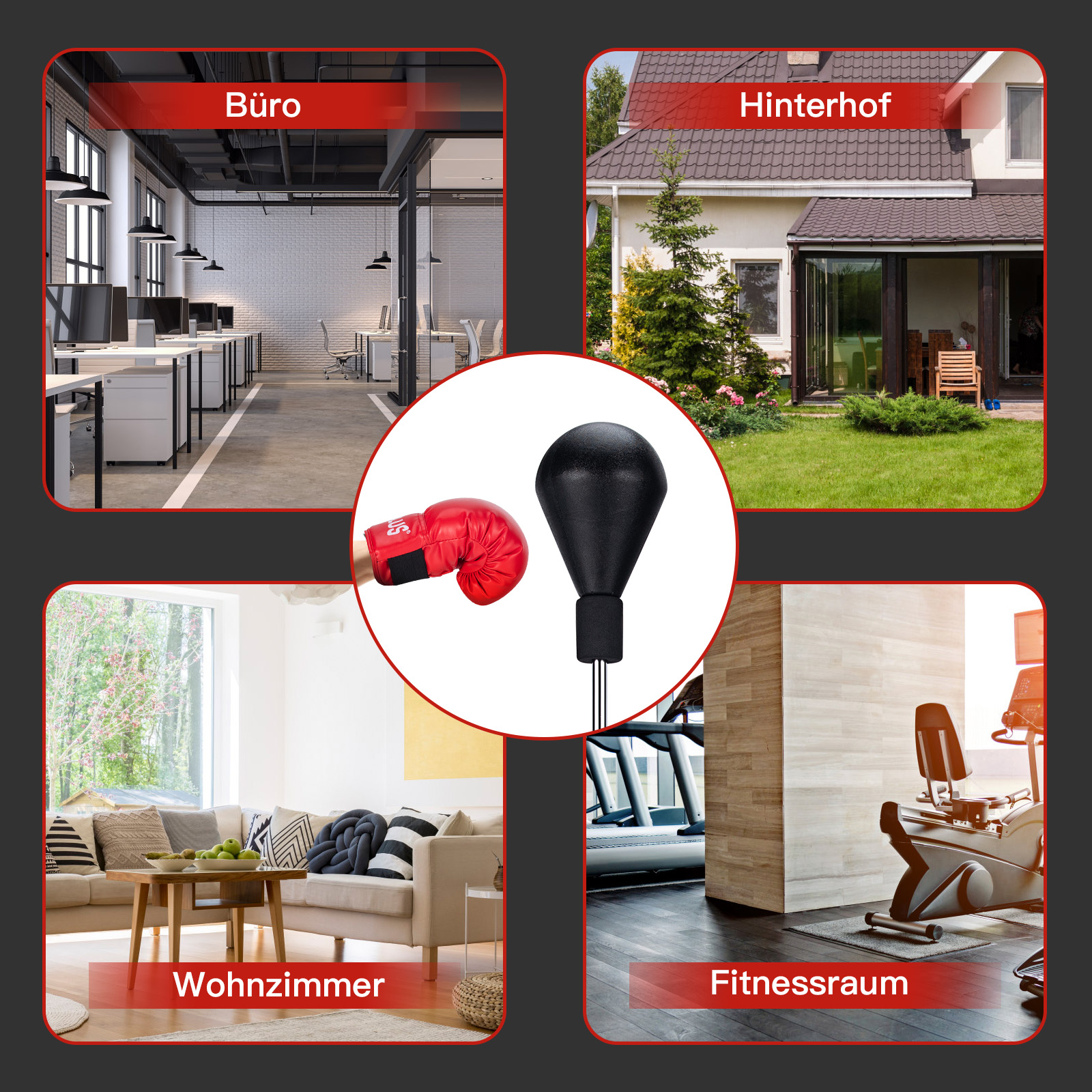 Vier Bilder, die ein Büro, einen Garten, ein Wohnzimmer und ein Fitnessstudio mit Boxsack zeigen.