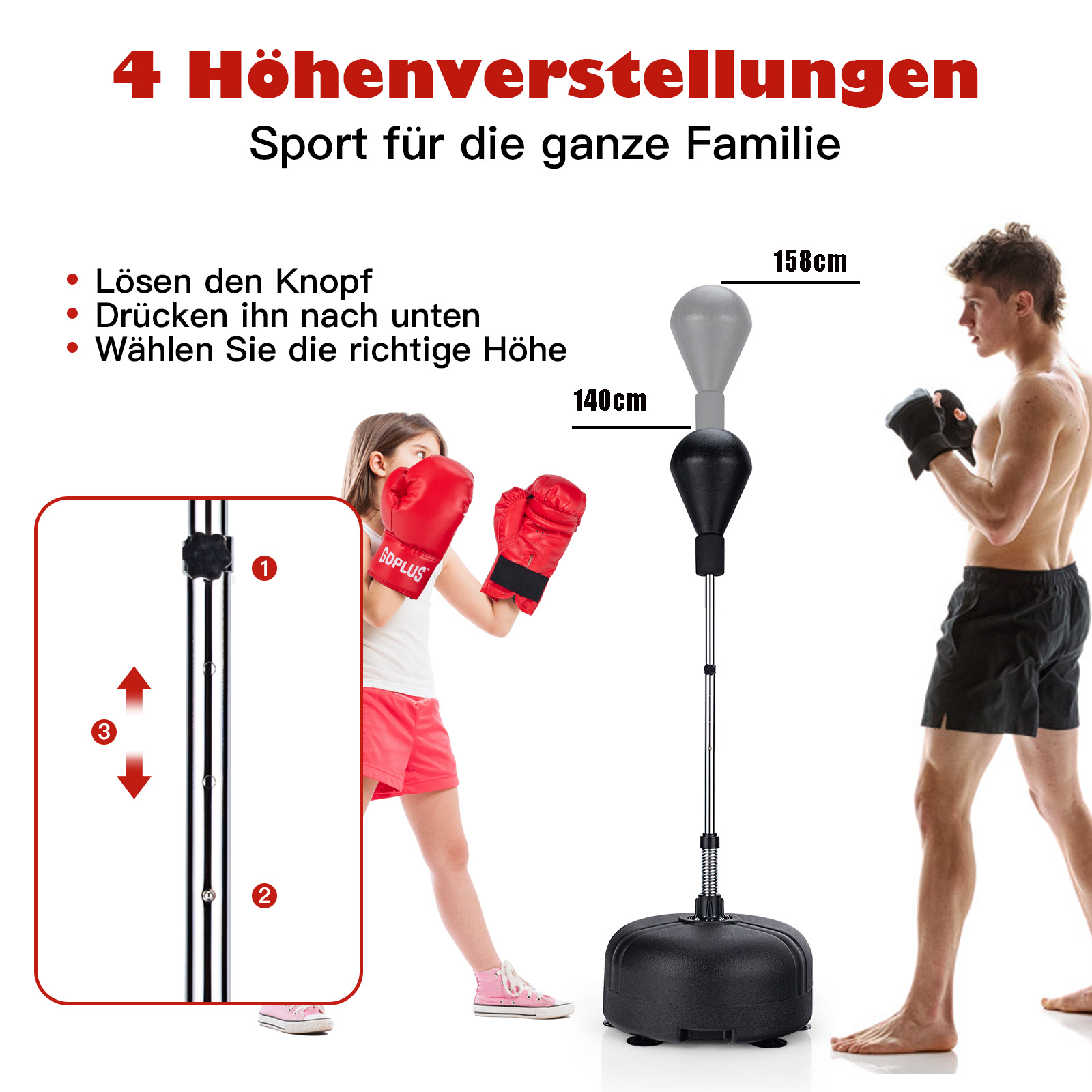 Ein Mädchen und ein Mann boxen mit roten Handschuhen und einem Boxsack. Der Text lautet: '4 Höheneinstellungen'.