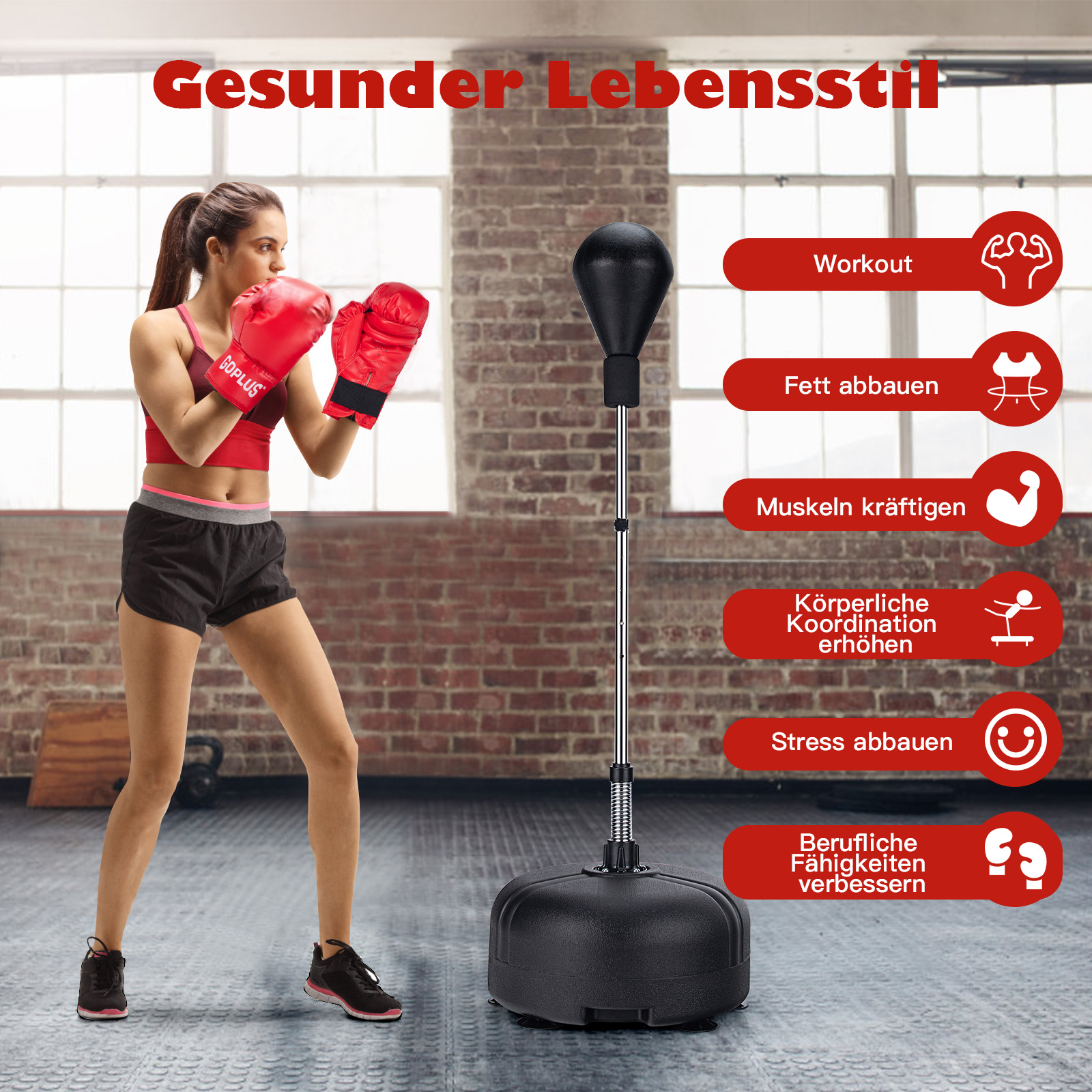Frau mit roten Boxhandschuhen boxt einen Boxsack. Der Hintergrund ist eine Ziegelmauer.