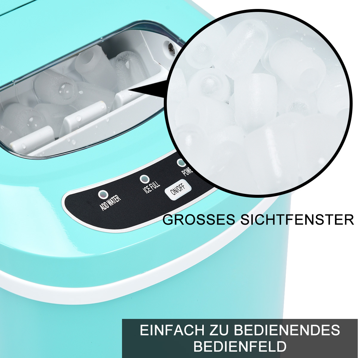 Türkisfarbener Eisbereiter mit Sichtfenster und Bedienfeld. Eiswürfel im Detail.