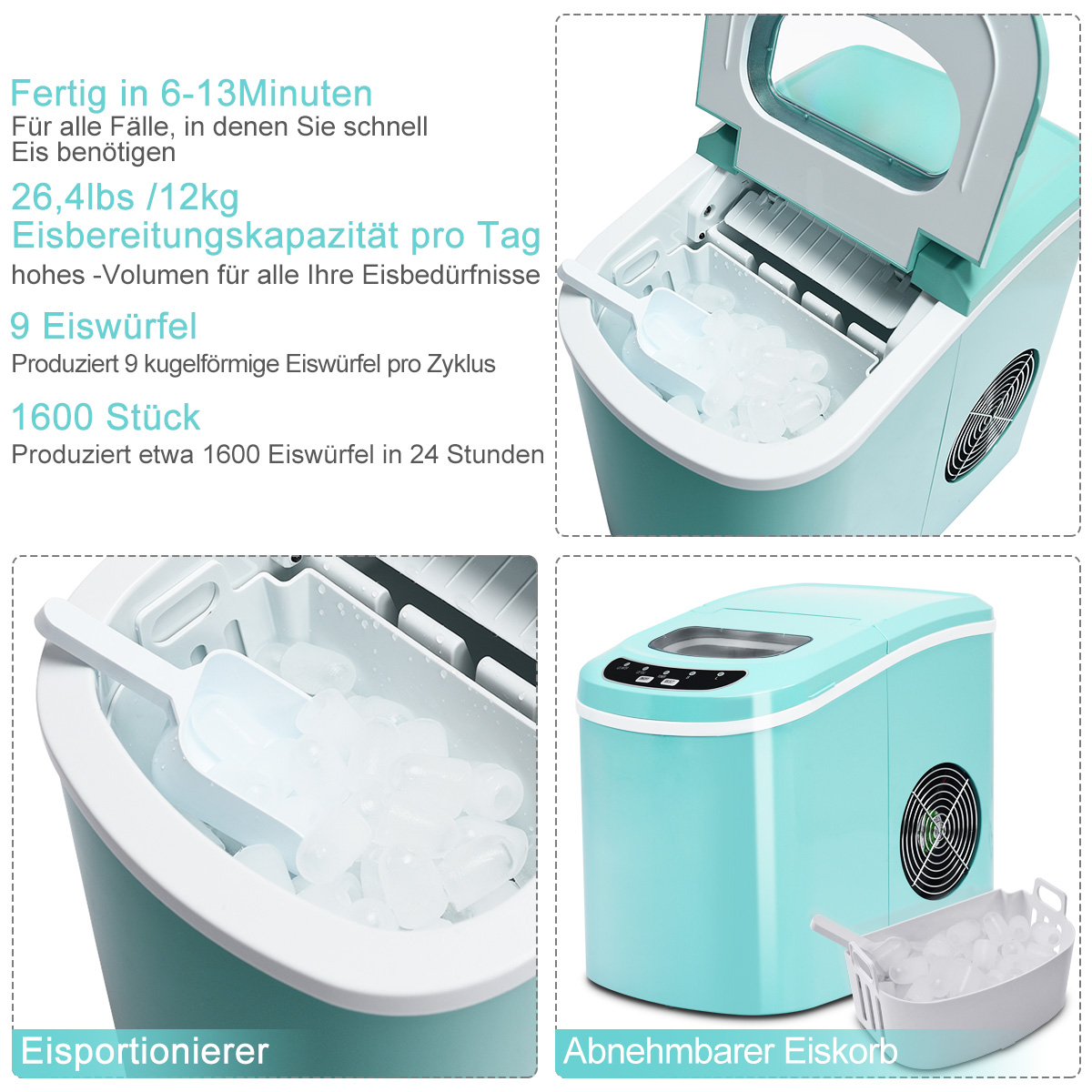 Türkisblaue Eismaschine mit Eiswürfeln und Schaufel, Kapazität 12kg/Tag.