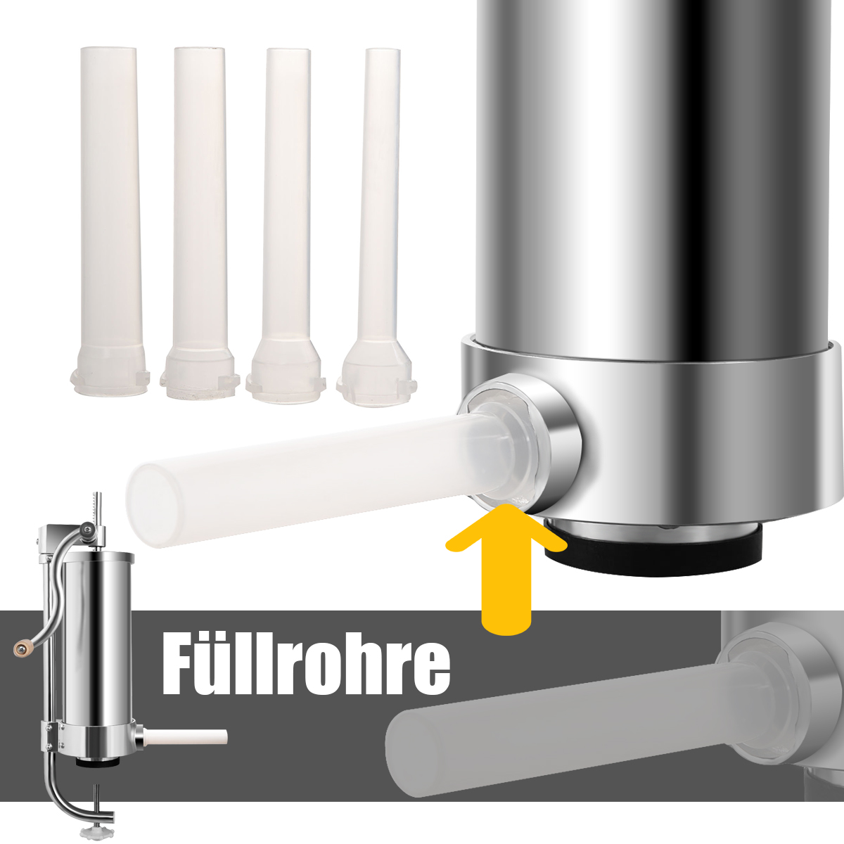 Ein Wurstfüller mit unterschiedlich großen Füllrohren. Ein Pfeil zeigt das verwendete Rohr.