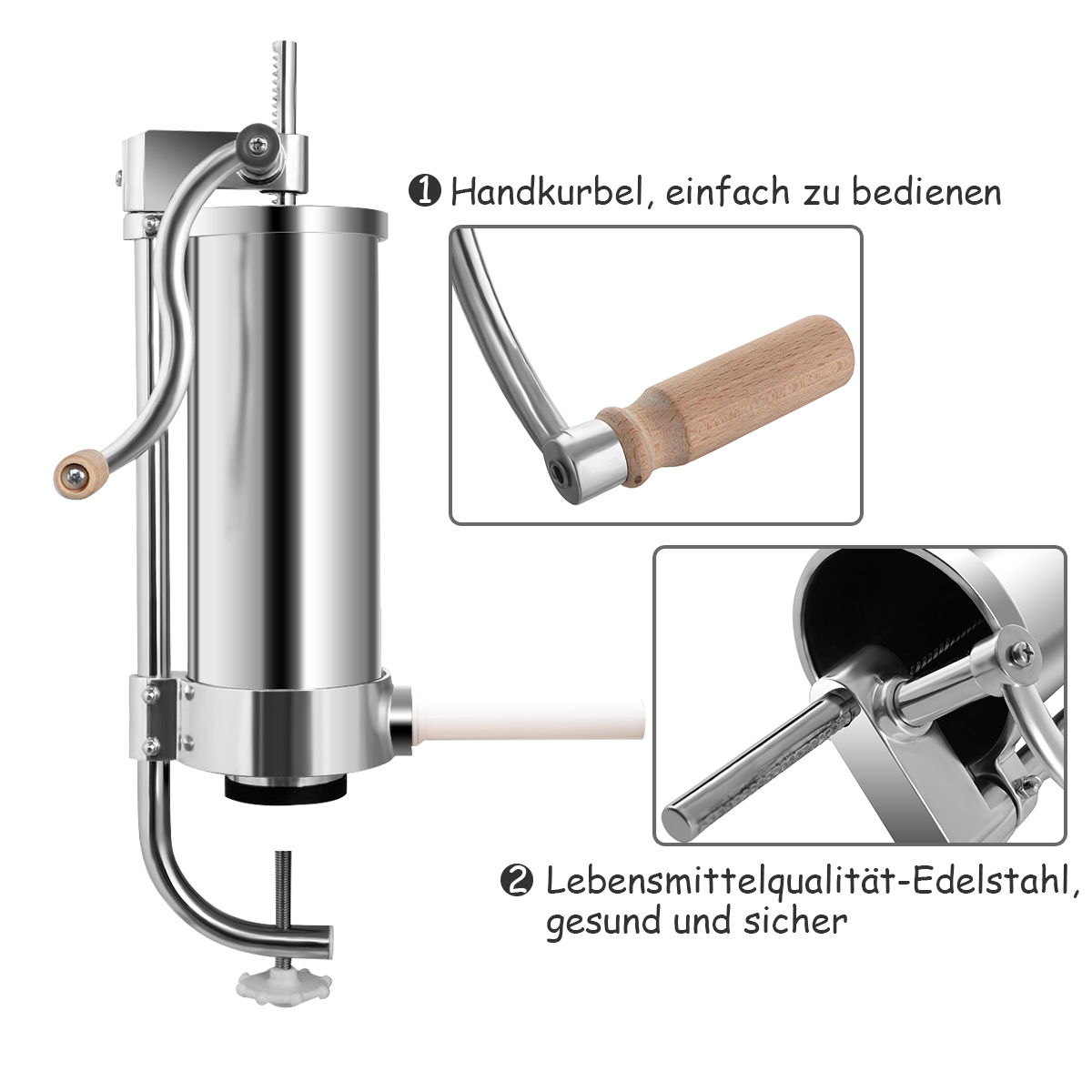 Wurstmaschine, mit Textbeschriftungen und Nahaufnahmen von Teilen.