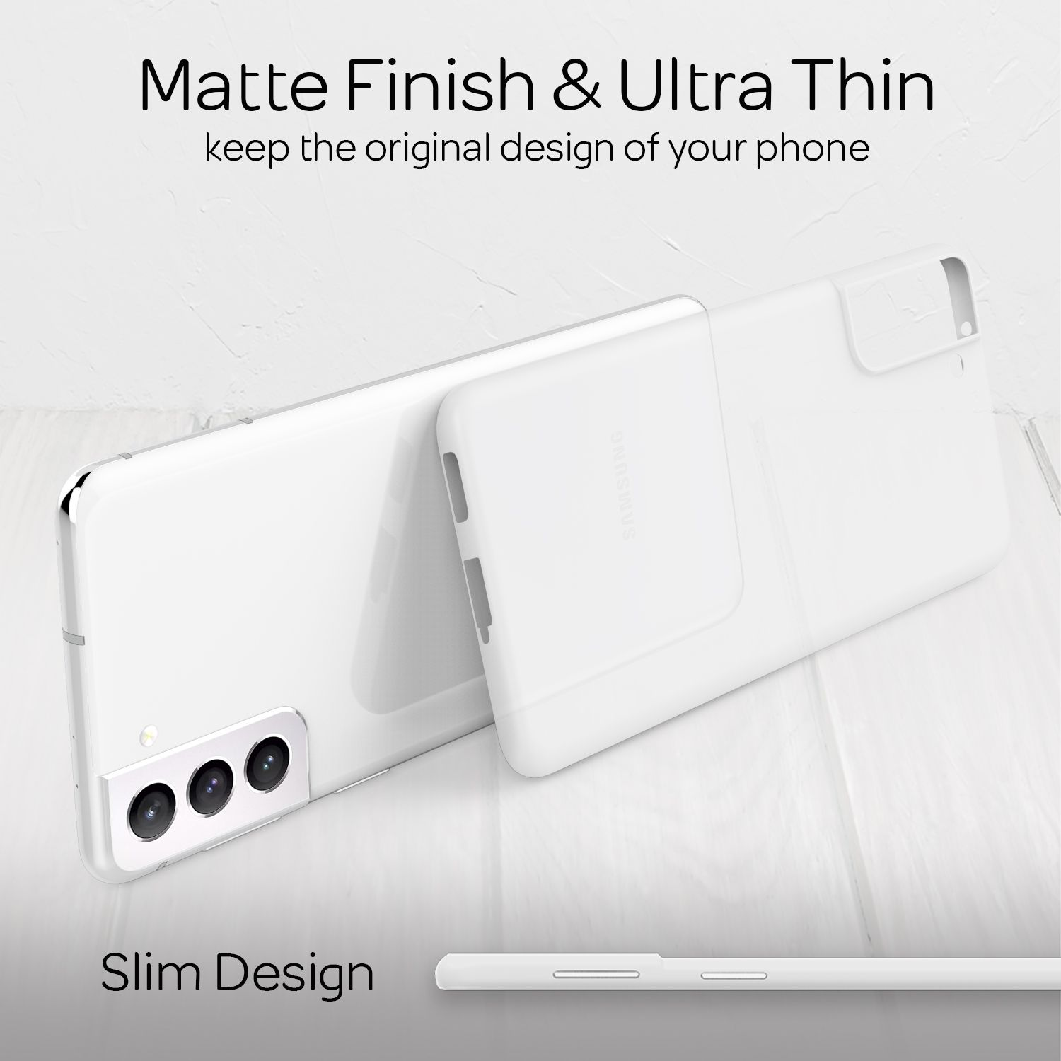 Weiße Handyhülle mit weißem Telefon, zeigt die matte Oberfläche und das schlanke Design.