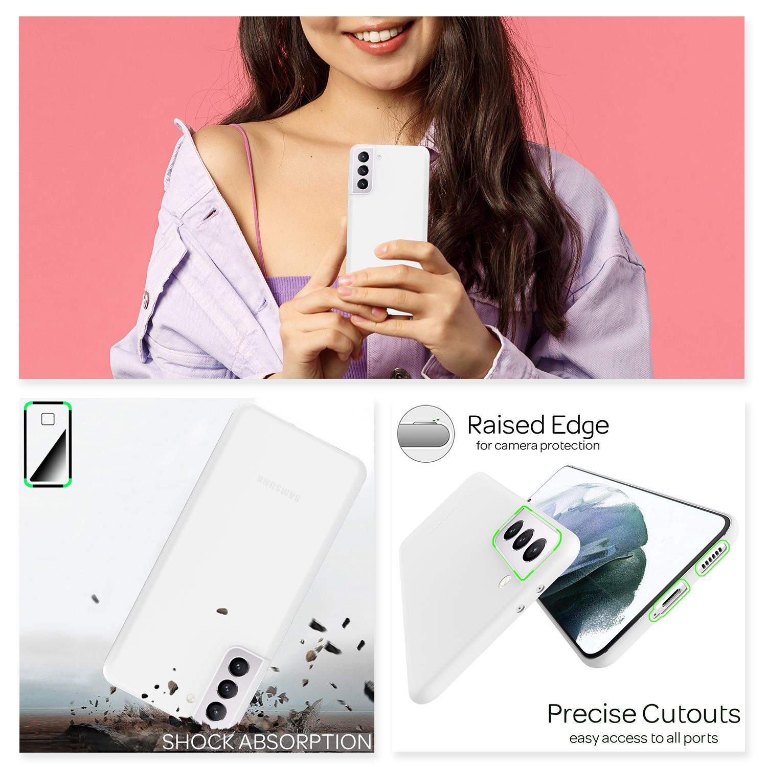 Frau hält weißes Telefon. Diagramme zeigen erhöhte Kanten und präzise Ausschnitte einer weißen Handyhülle.