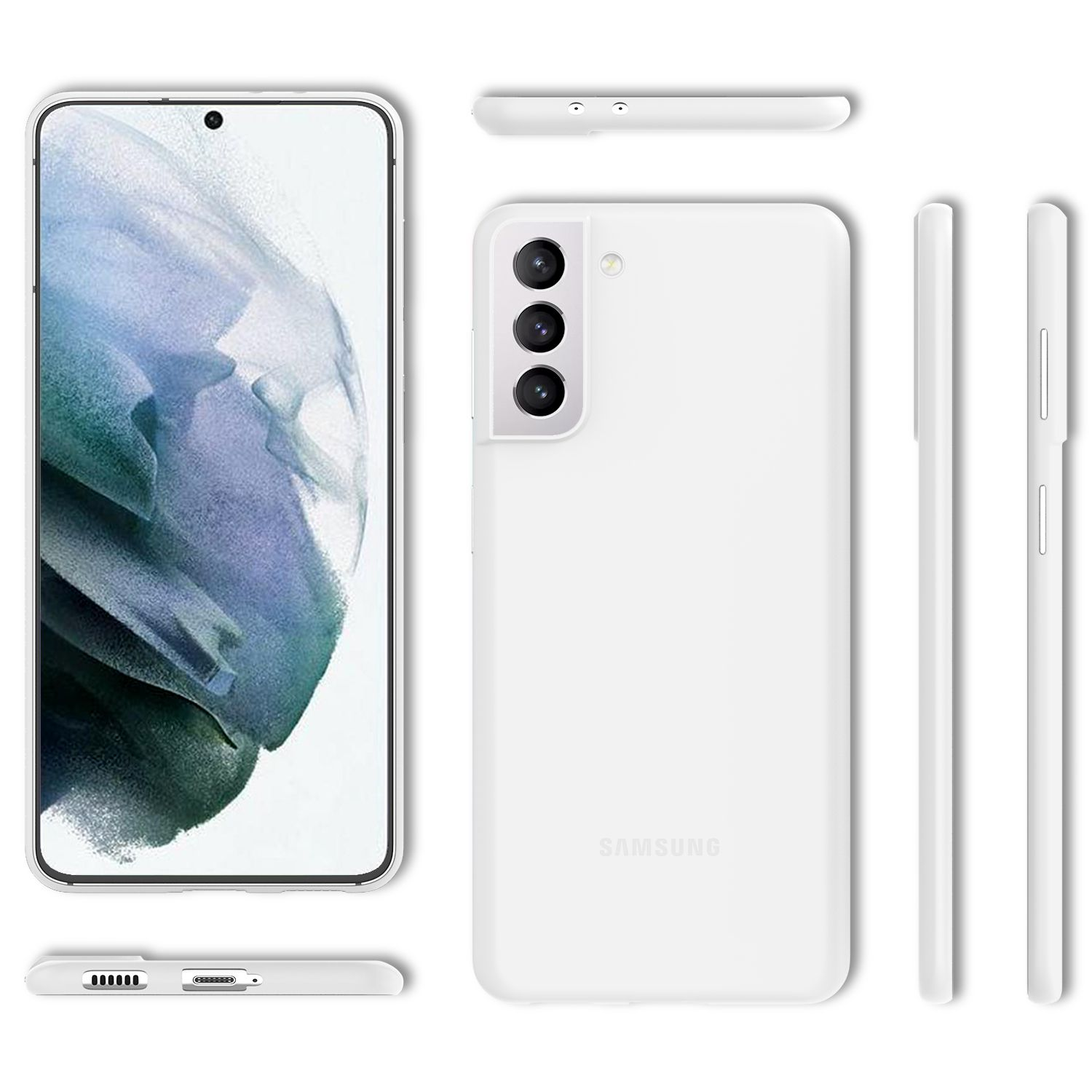 Weißes Telefon und Hülle, mit mehreren Ansichten. Der Bildschirm des Telefons ist an.