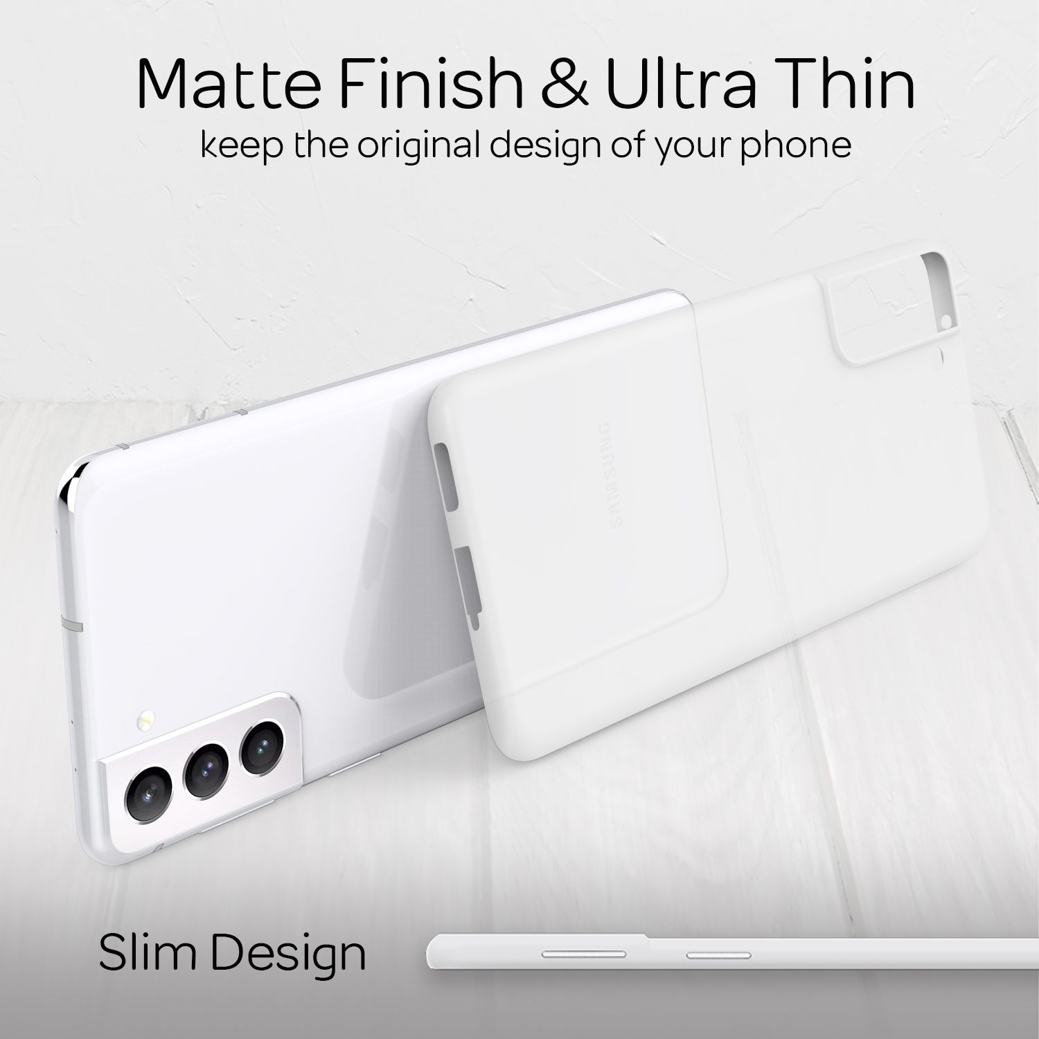 Zwei weiße Handyhüllen, eine auf dem Telefon, eine daneben, die matte Oberfläche und schlankes Design zeigen.