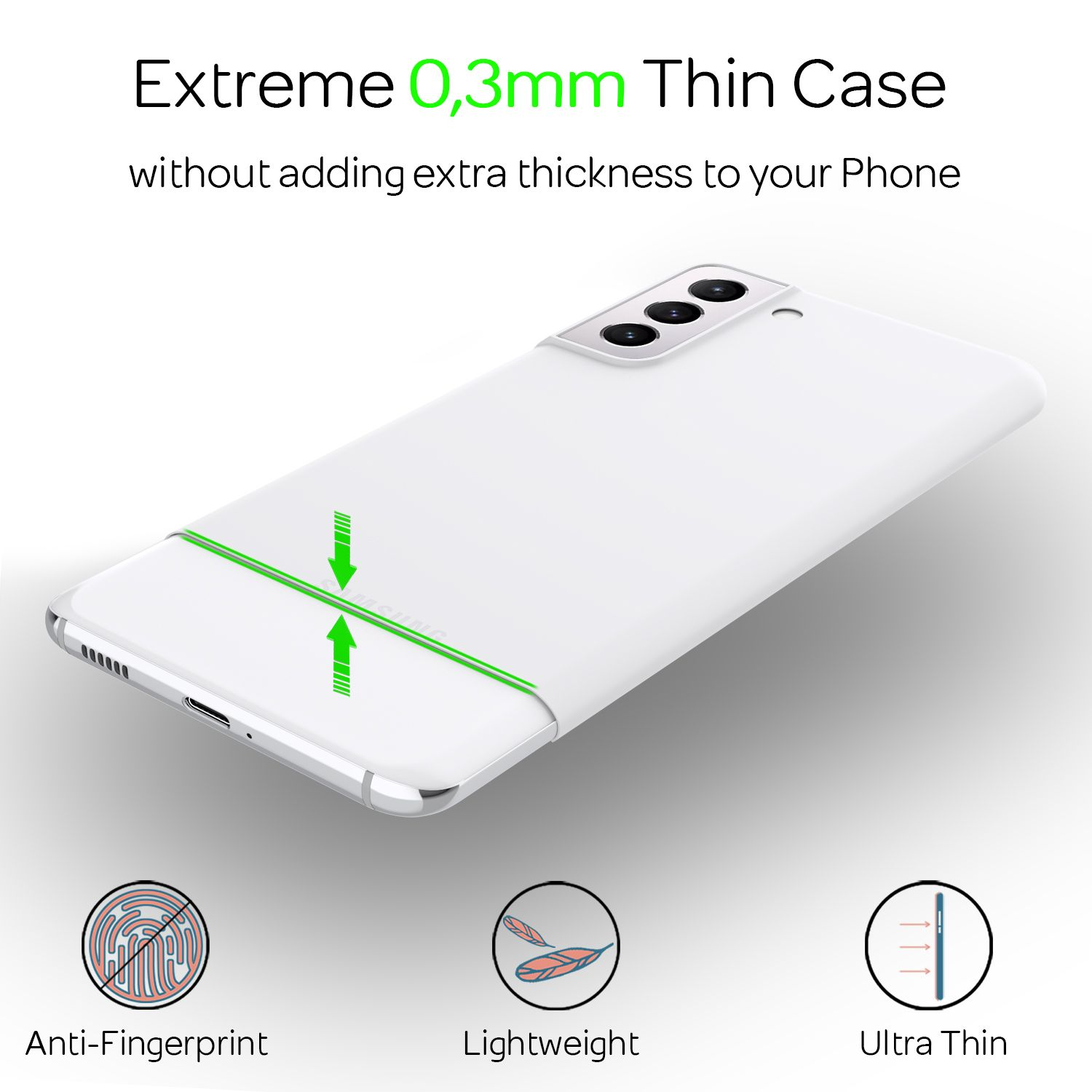 Eine weiße Handyhülle auf einem weißen Telefon. Die Hülle ist dünn und trägt nicht auf. Anti-Fingerprint, leicht, ultradünn Etiketten.