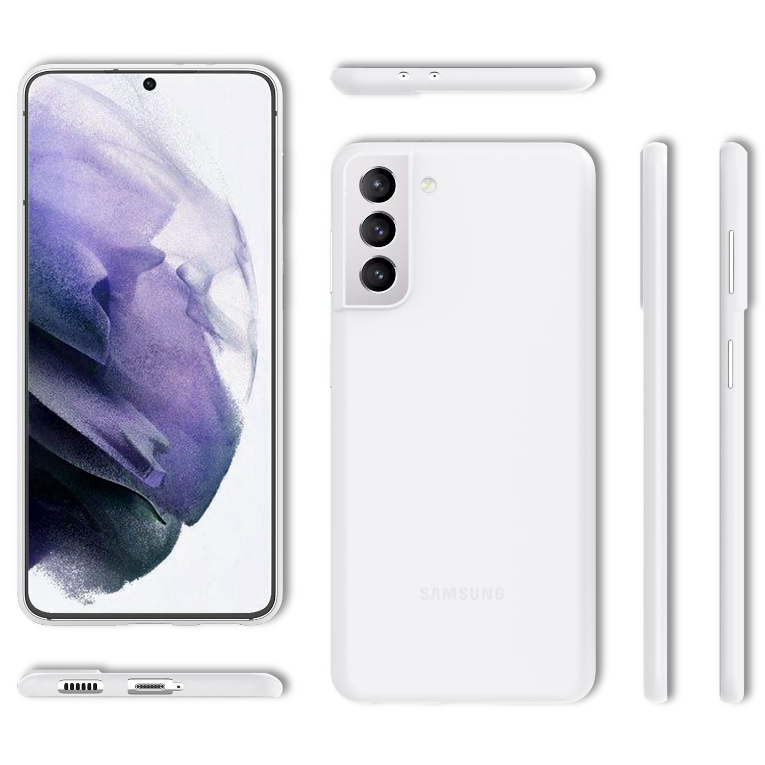 Eine weiße Handyhülle mit einem weißen Telefon darin. Zeigt die Vorder-, Rück- und Seitenansicht.