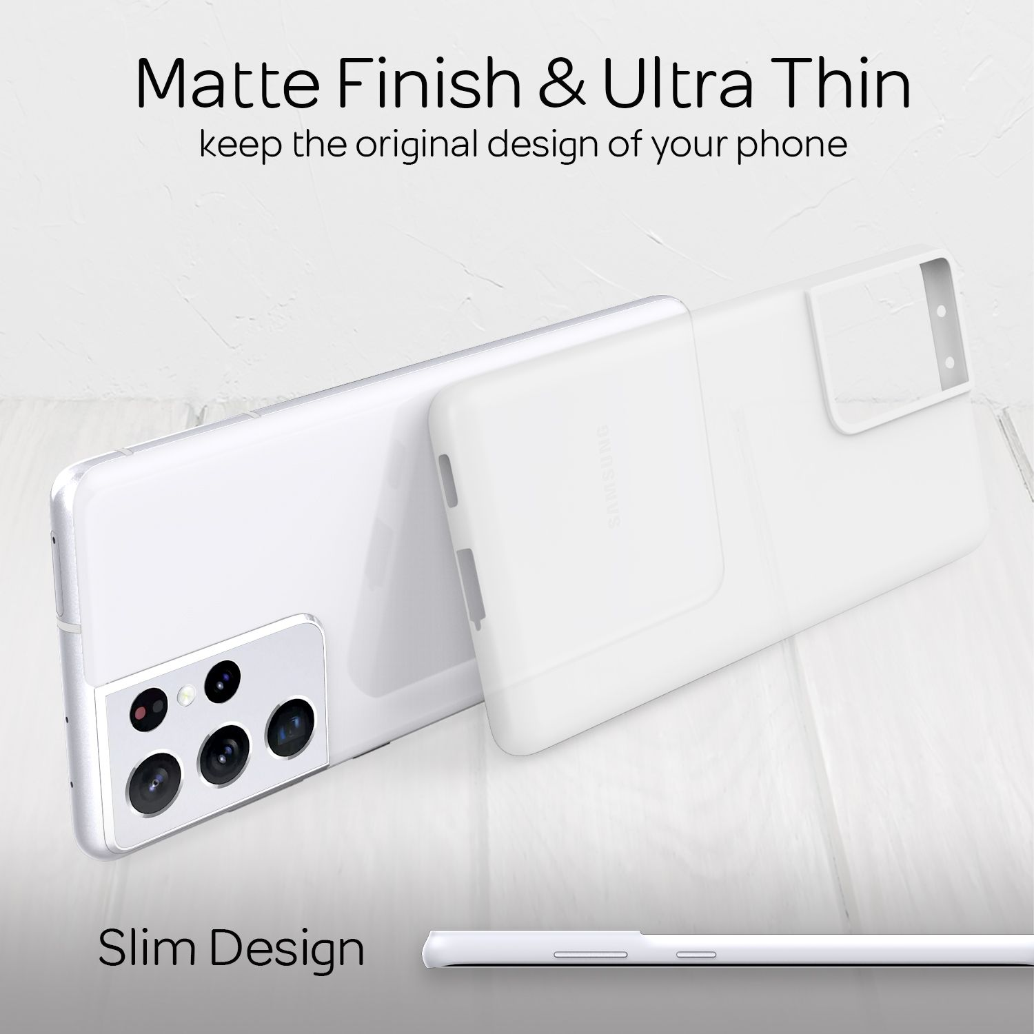 Weißes Telefon und Hülle, Nahaufnahme zeigt schlankes Design.