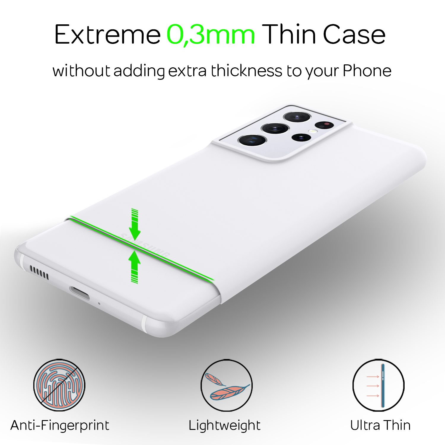 Weiße Handyhülle auf weißem Handy, grüne Linie, Anti-Fingerprint, leicht, ultradünn.