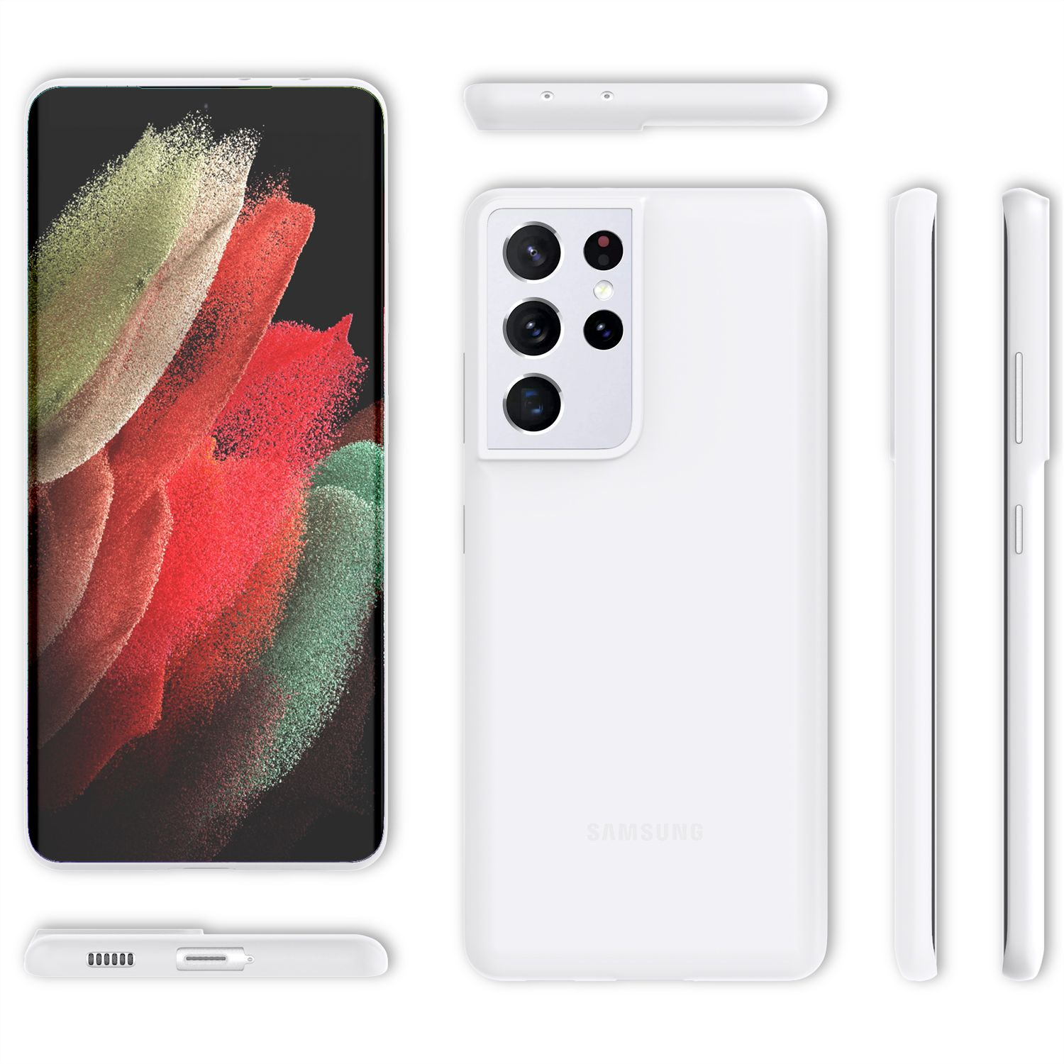 Weißes Telefon und Handyhülle, mehrere Ansichten des Telefons und der Hülle. Der Hintergrund ist weiß.