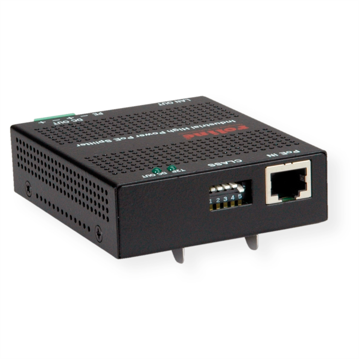 Schwarzer industrieller PoE-Splitter mit mehreren Anschlüssen und Etiketten auf weißem Hintergrund.