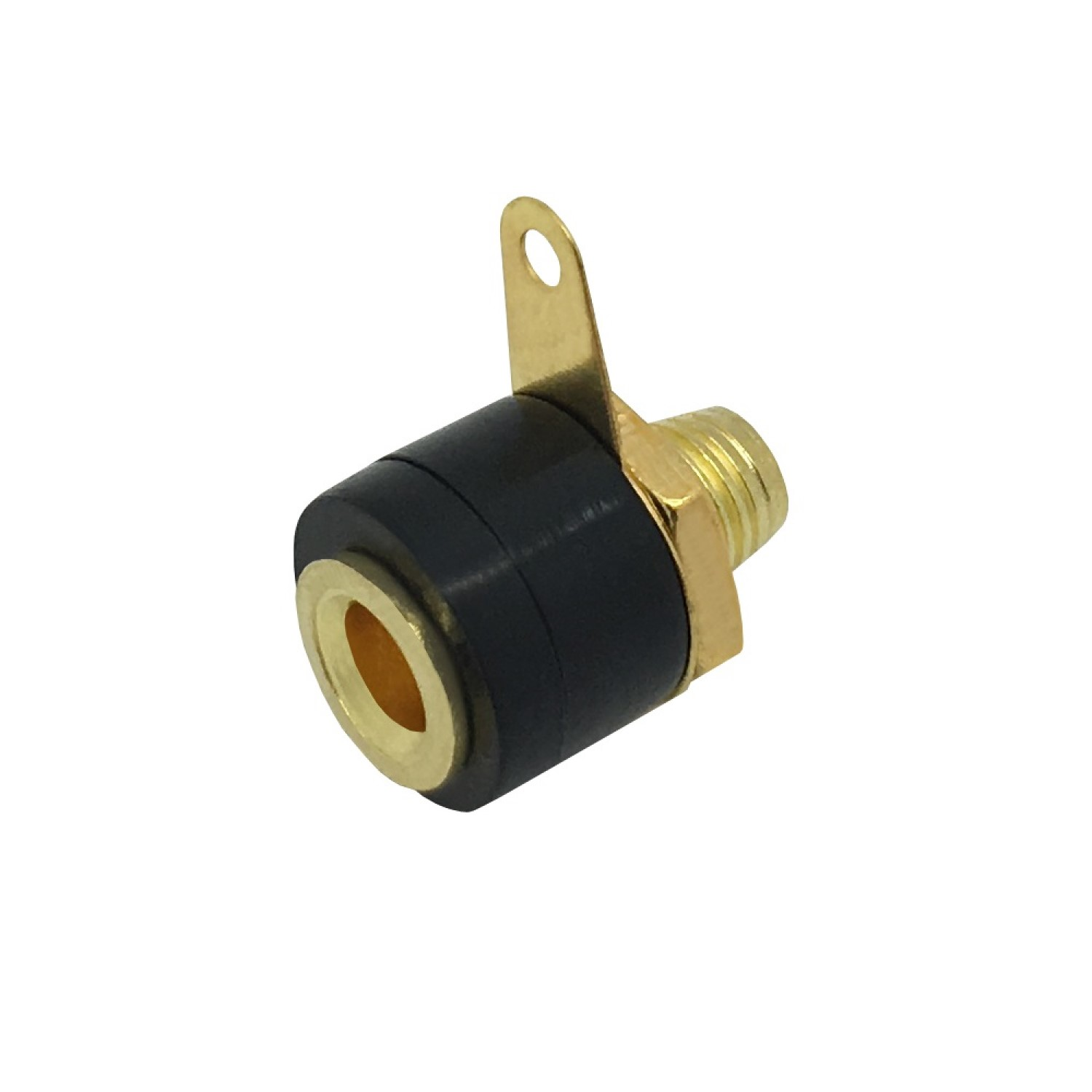 Nahaufnahme eines schwarzen und goldenen Audio-Buchsenanschlusses, isoliert auf weißem Hintergrund.