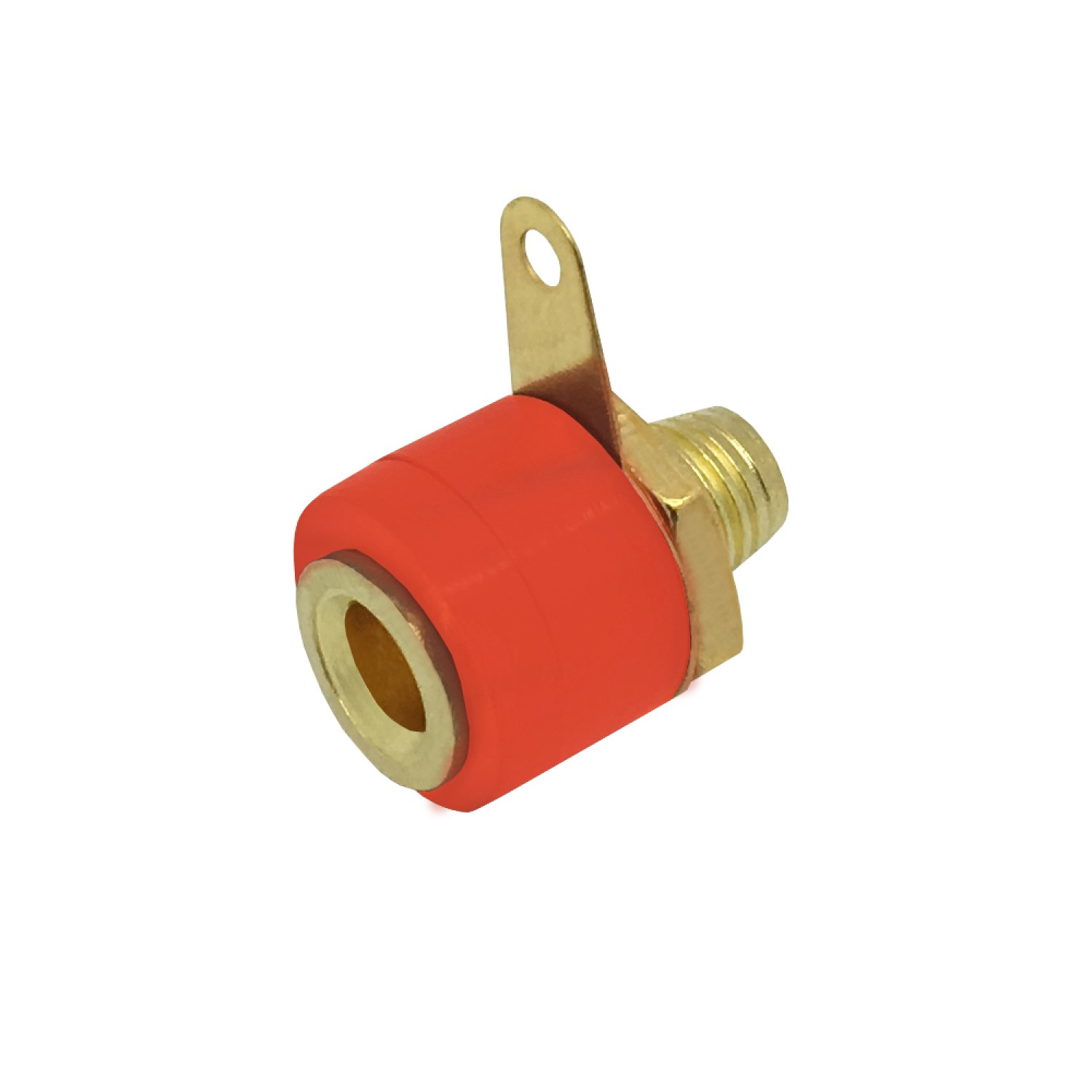 Roter und goldener Stecker. Der Stecker hat ein Loch.