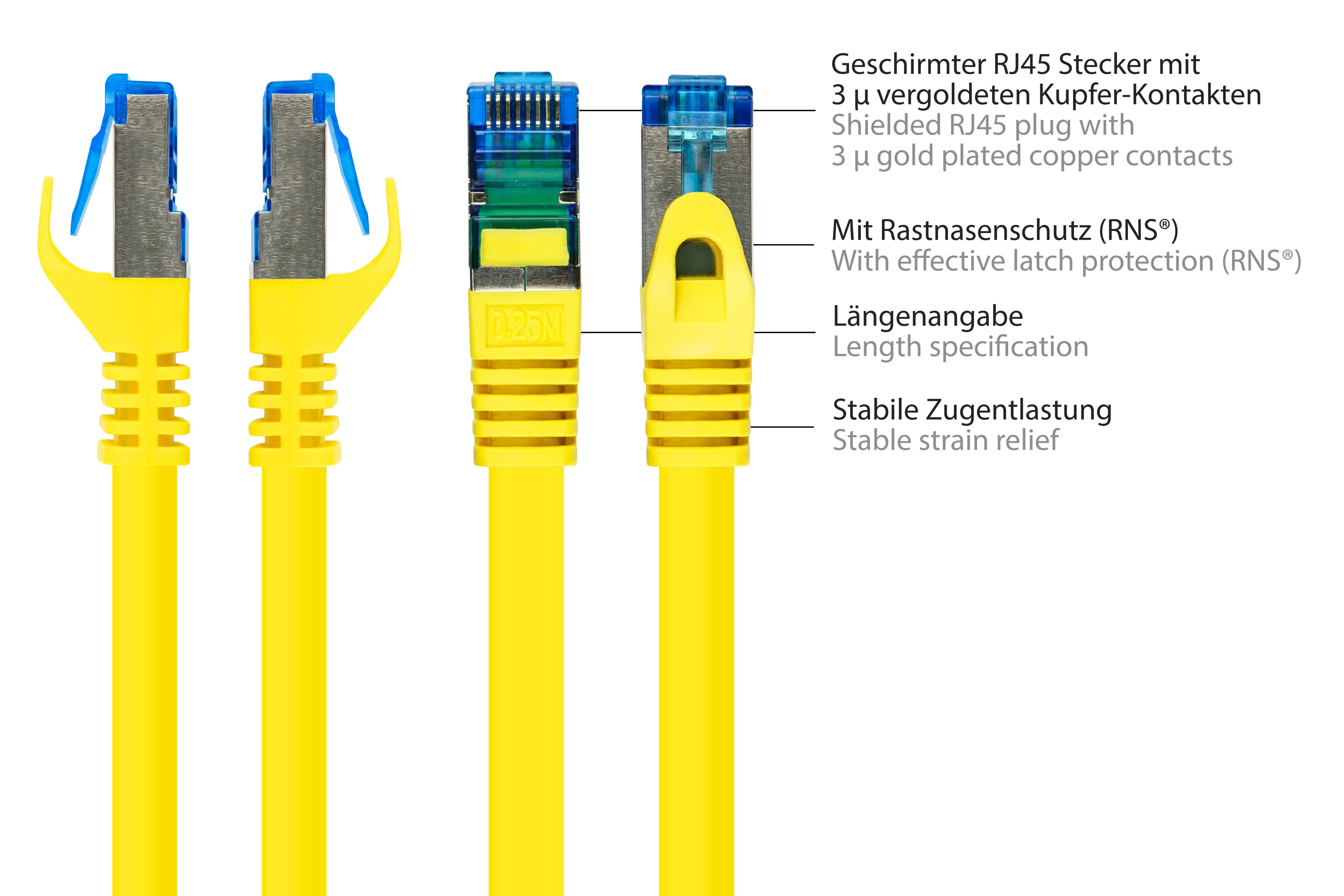 Netzwerkkabel, gelb, 500MHz, GOOD S/FTP, PIMF, halogenfrei, 1,5 m CONNECTIONS
