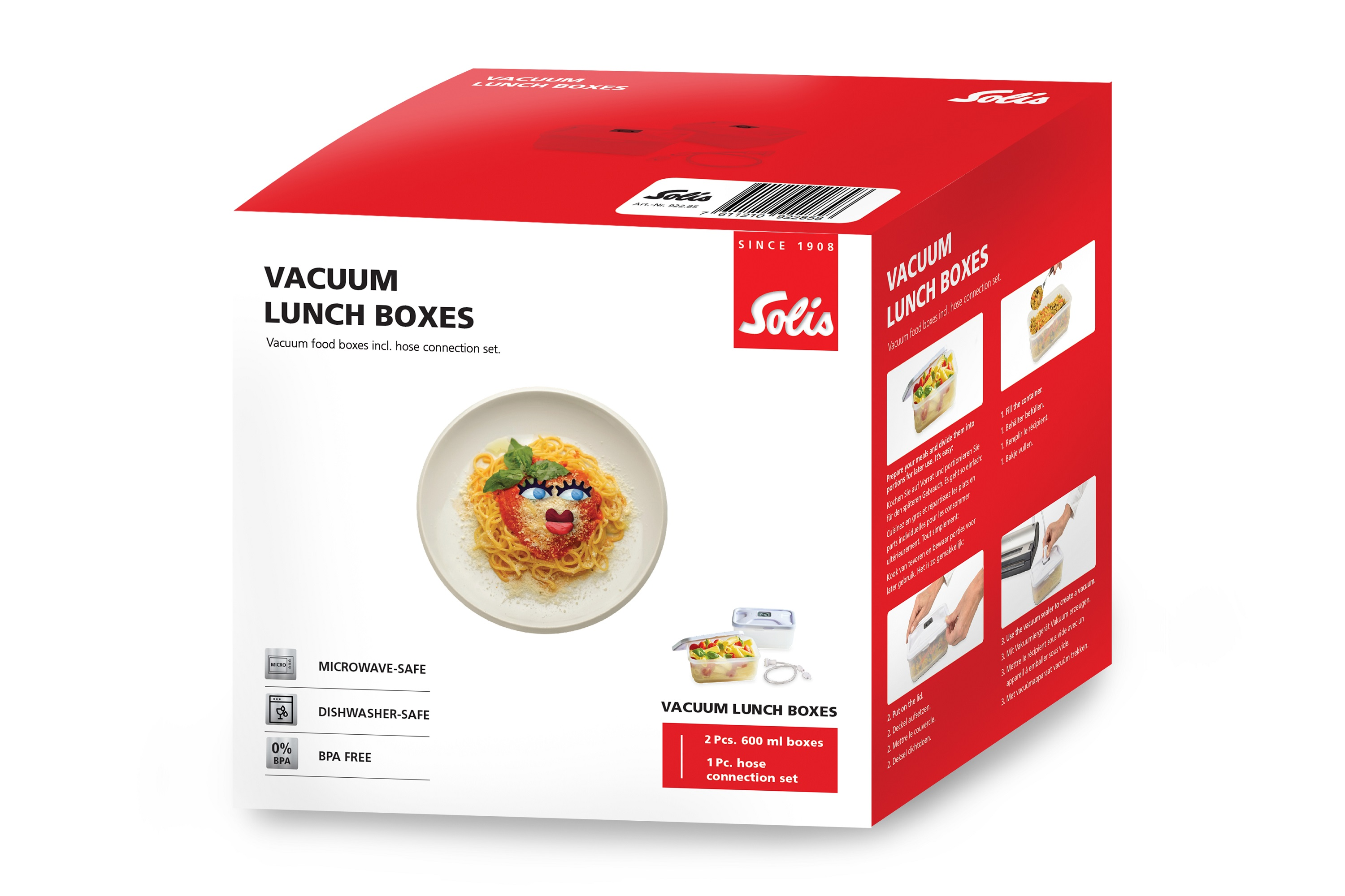 Eine Box mit Vakuum-Lunchboxen. Zeigt eine Mahlzeit und Anweisungen auf der Box. Mikrowellengeeignet.