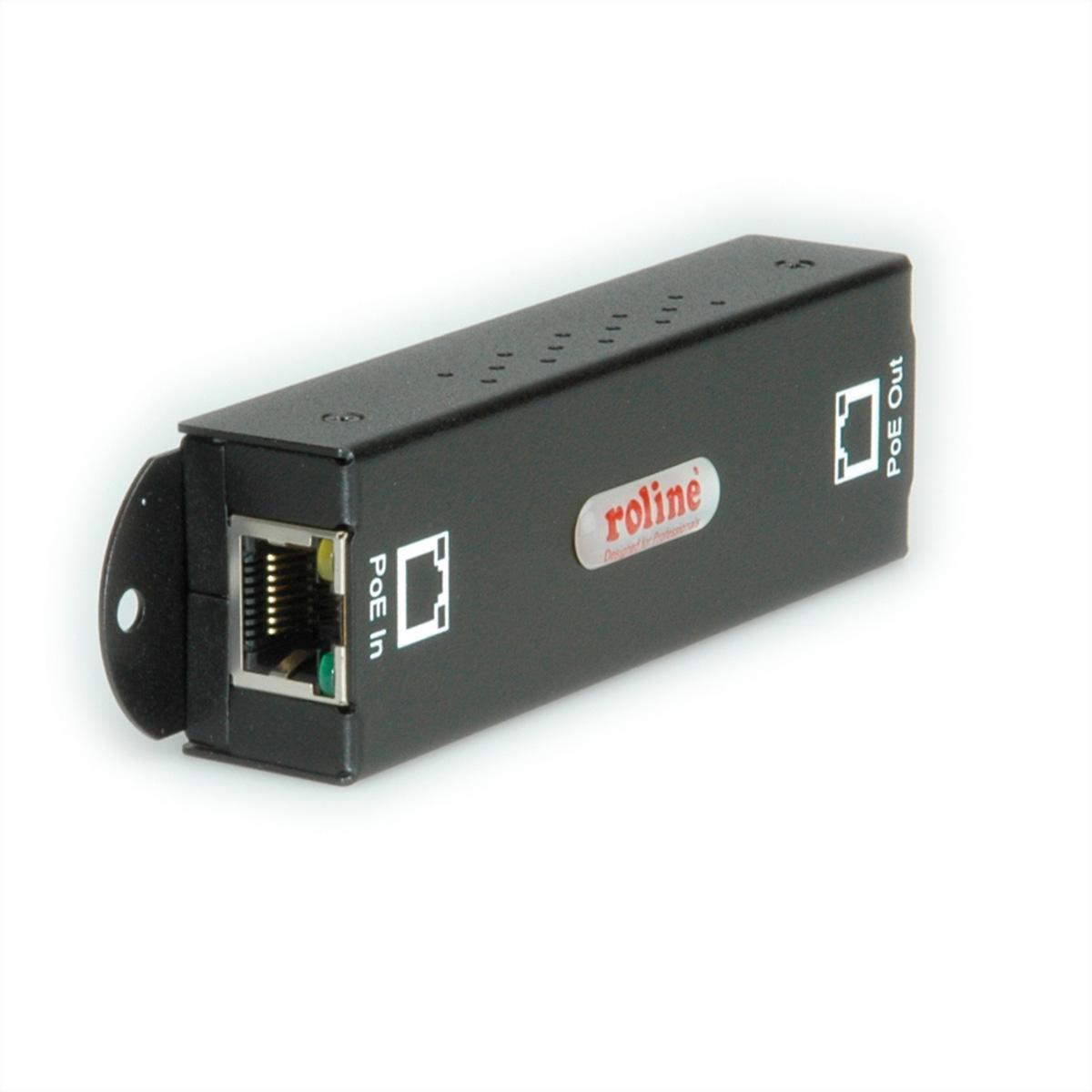 Appareil Roline PoE noir avec ports PoE in et out, étiquetés, sur fond blanc.