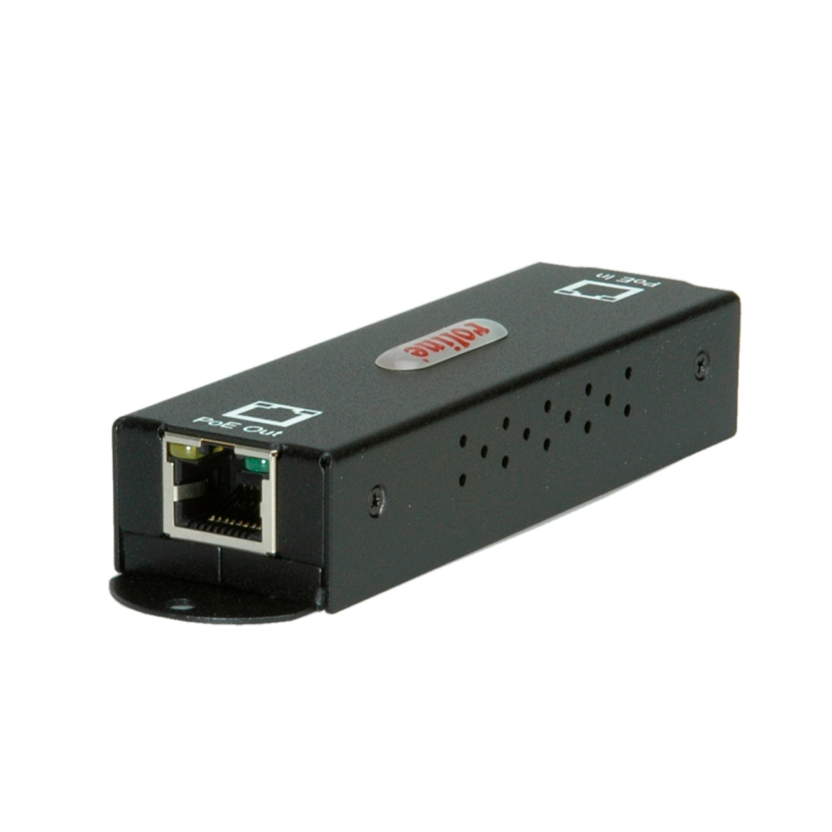 Appareil réseau noir avec ports PoE in/out, et un petit logo 'ediline' sur le dessus.