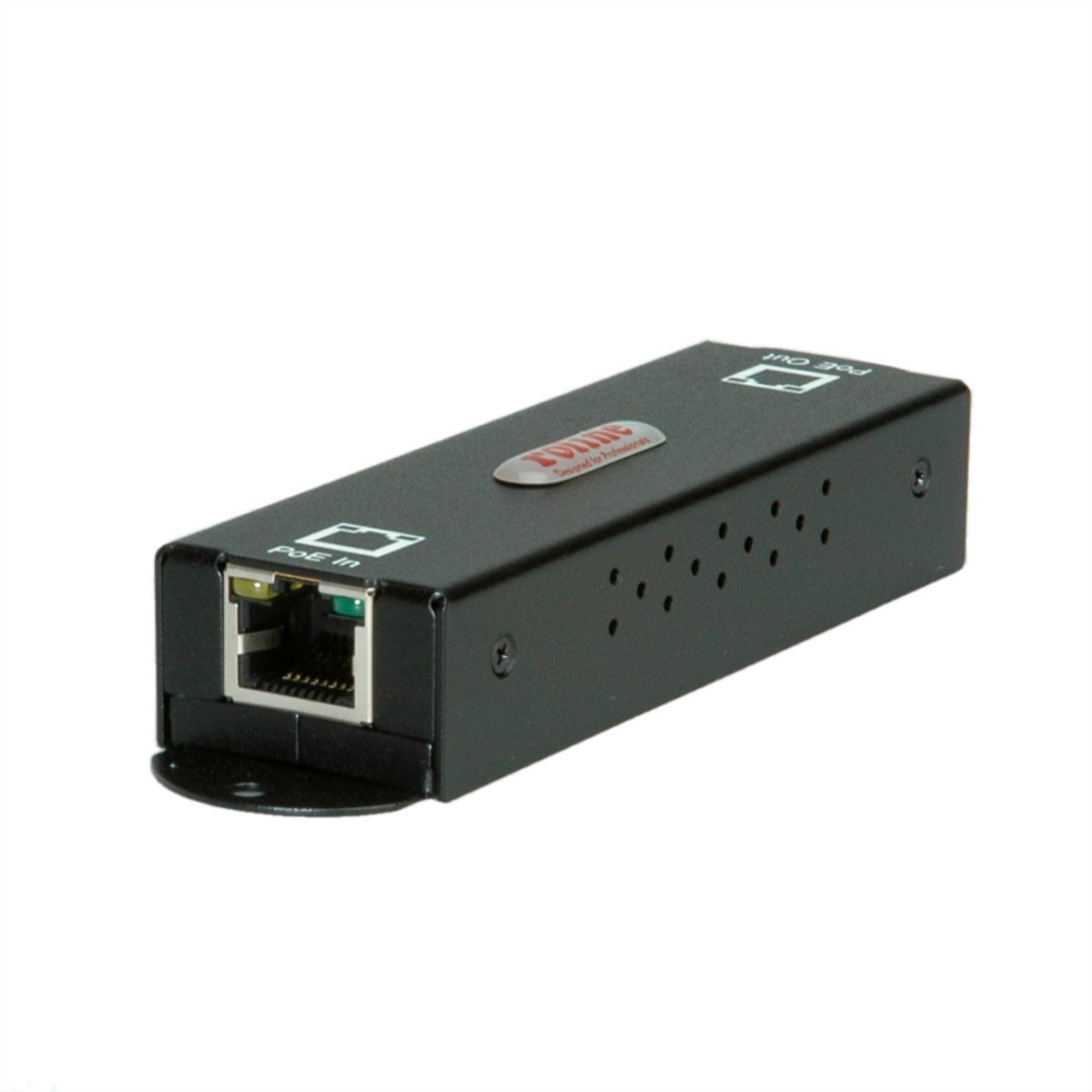 Appareil PoE In/Out noir avec un port Ethernet et un logo rond. Isolé sur fond blanc.