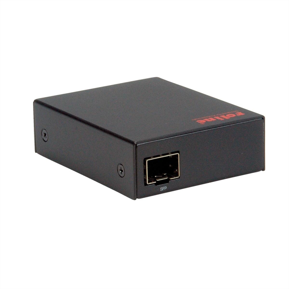 Zwart elektronisch apparaat met een poort met het label SFP. Het apparaat is rechthoekig met een zwarte afwerking.