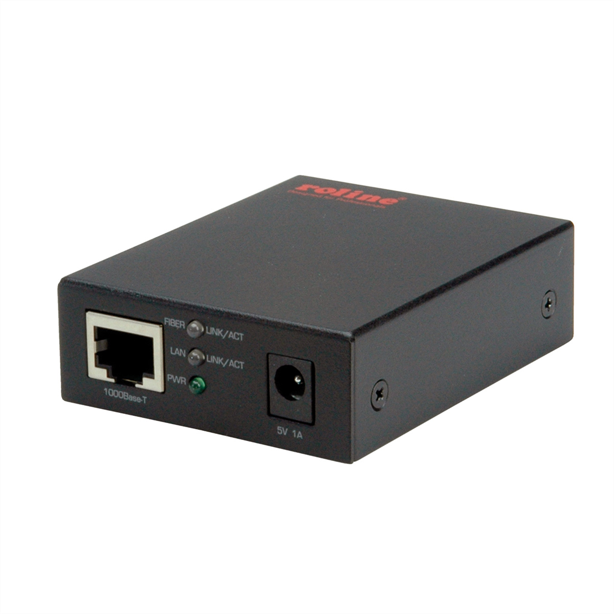 Een zwart netwerkapparaat met Ethernet- en voedingspoorten. Er staat 'rolline'.