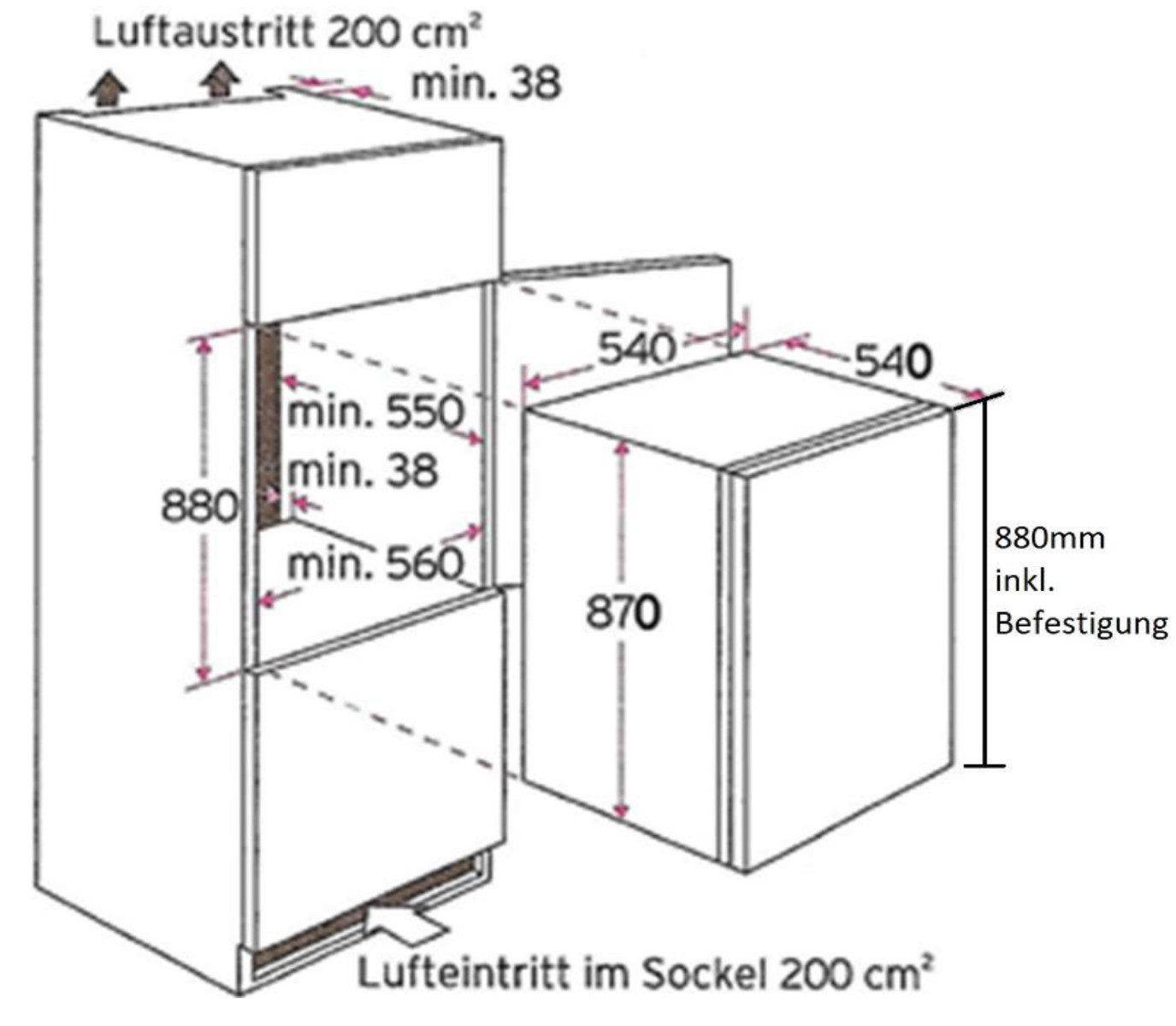 Ein Diagramm zeigt einen Kühlschrank und einen Gefrierschrank mit angegebenen Abmessungen und Luftstrominformationen.