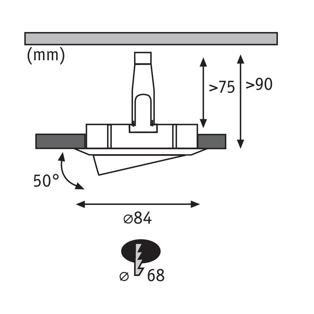 Diagramm einer Einbauleuchte. Abmessungen und Winkel sind angegeben. Weißer Hintergrund.