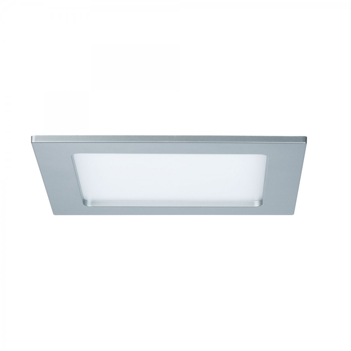 Quadratische, silberne LED-Leuchte. Weißes Licht emittiert. Hintergrund: schlichtes Weiß.