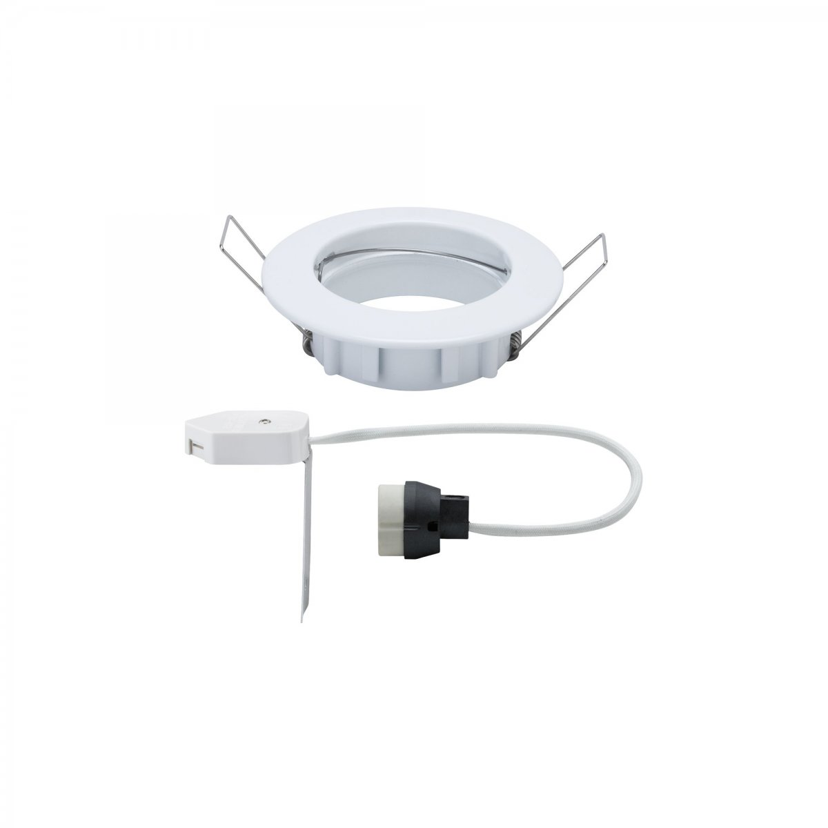 Weiße Leuchte mit weißem Kabel und schwarzem Stecker auf weißem Hintergrund.