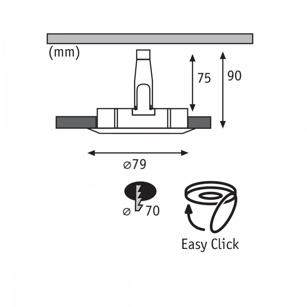 Technische Zeichnung einer Deckenleuchte. Zeigt Abmessungen, Maße in mm und ein 'Easy Click' Diagramm.