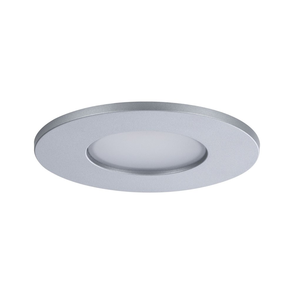 Silberne Einbau-LED-Leuchte. Kreisförmiges Design, emittiert helles Licht.