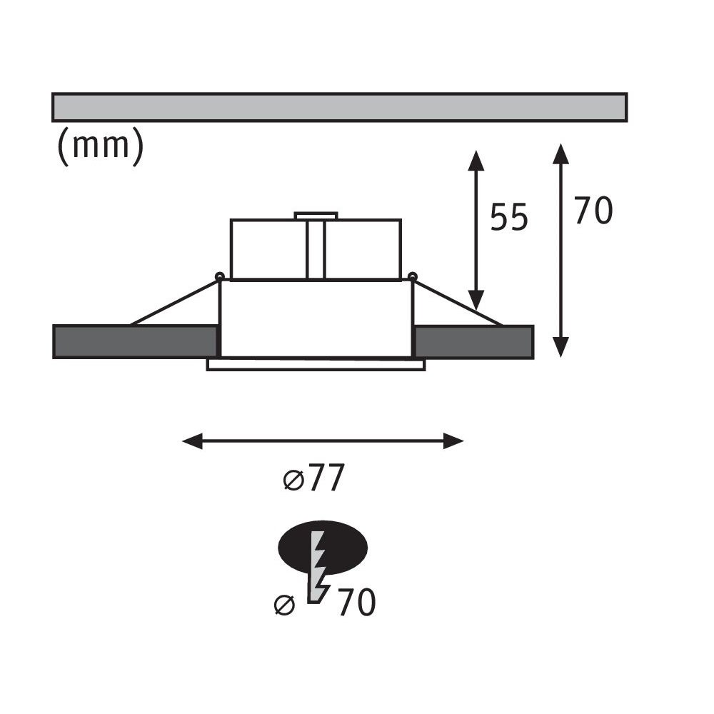 Diagramm, das die Abmessungen einer Deckenleuchte in mm mit Messungen zeigt.