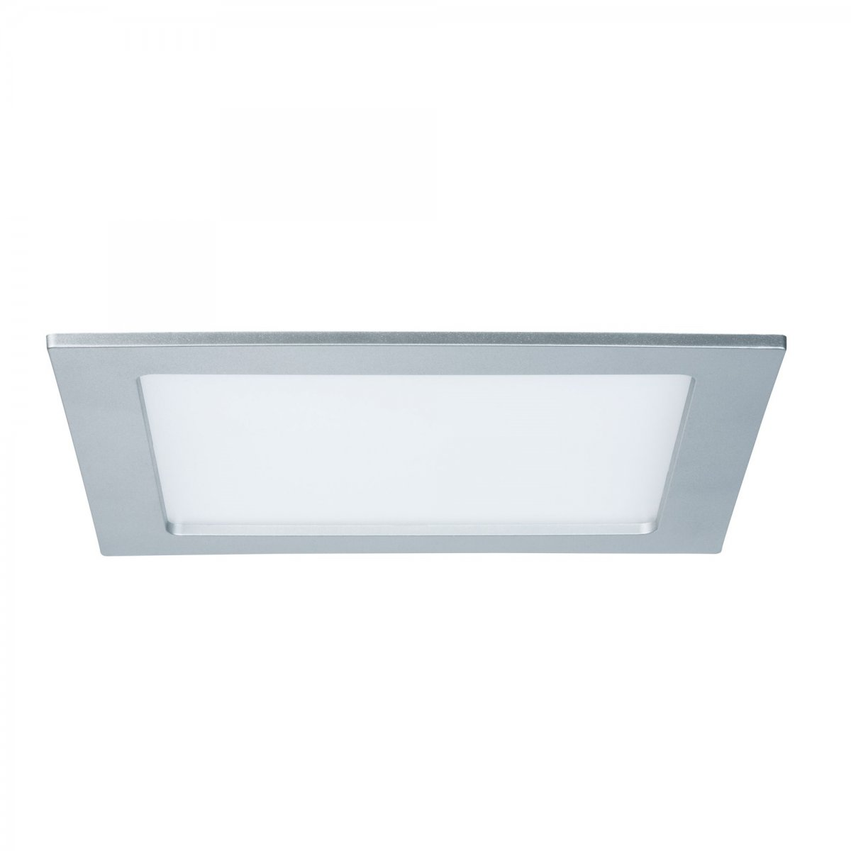 Lampada da soffitto quadrata con cornice argentata e centro bianco illuminato.