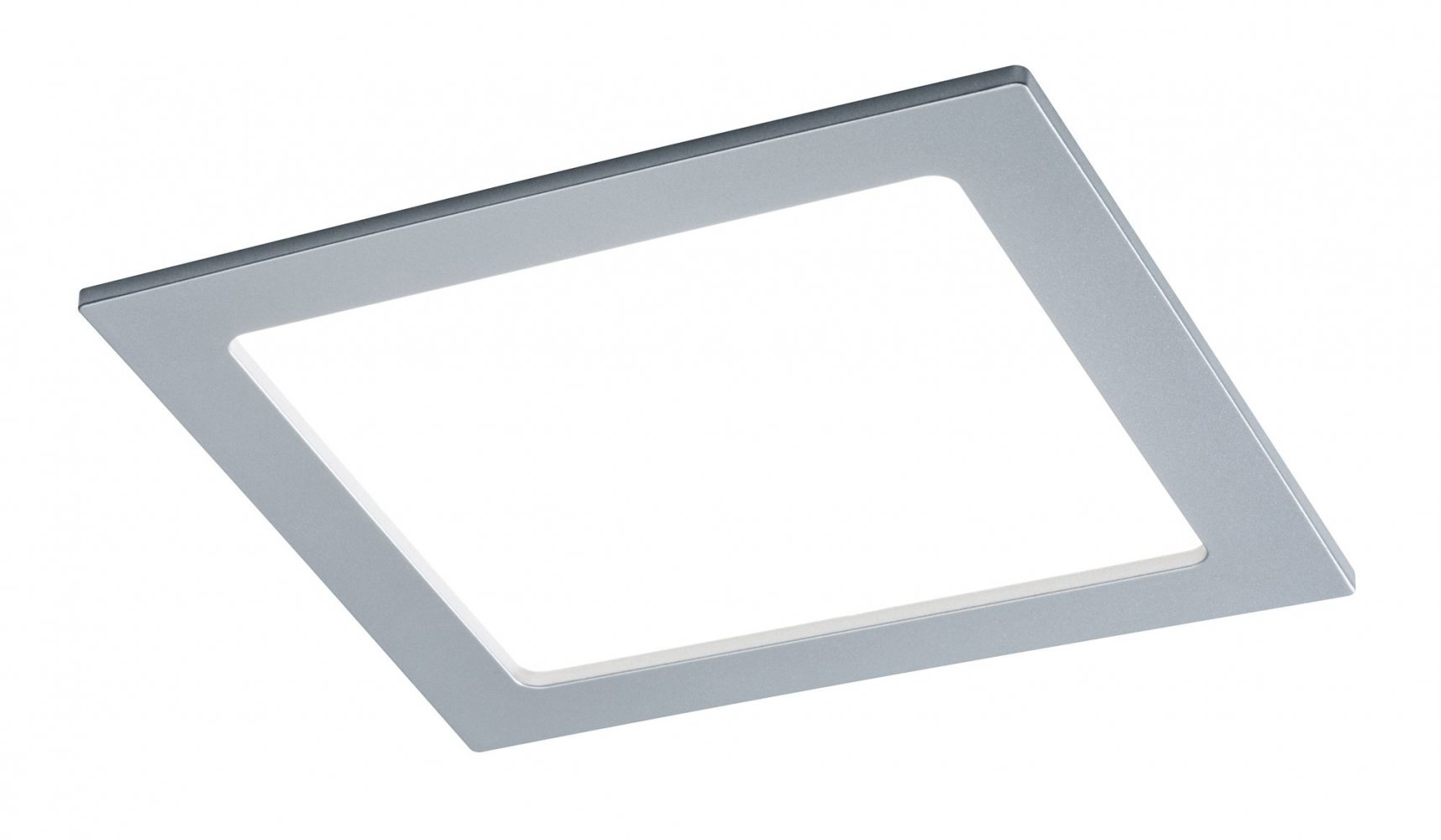 Apparecchio di illuminazione a LED quadrato, centro bianco, cornice argentata, isolato su sfondo bianco.